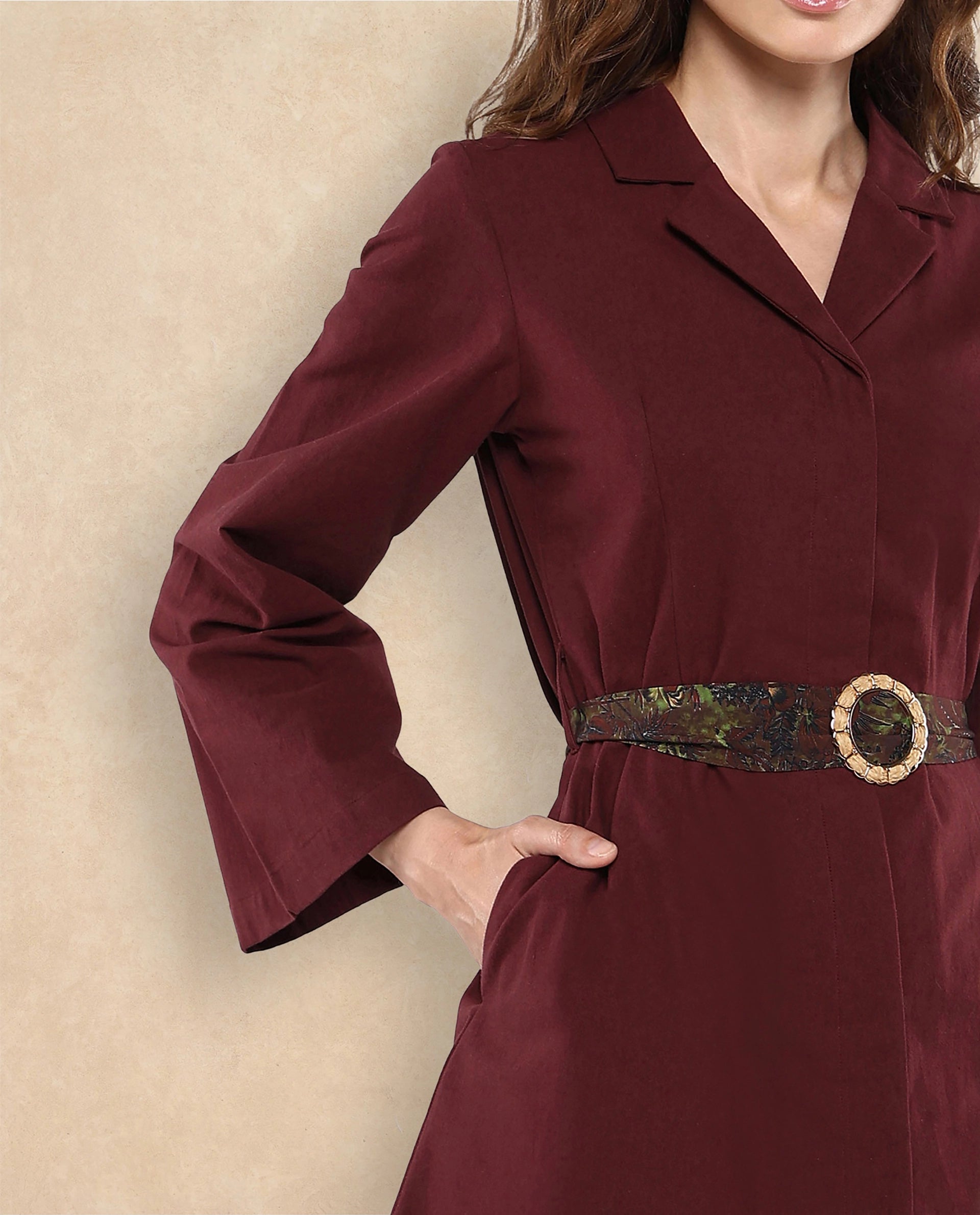 Rareism Women Alvida Brown Full Sleeve Lapel Neck Button Closure A-Line Mini Plain Dress