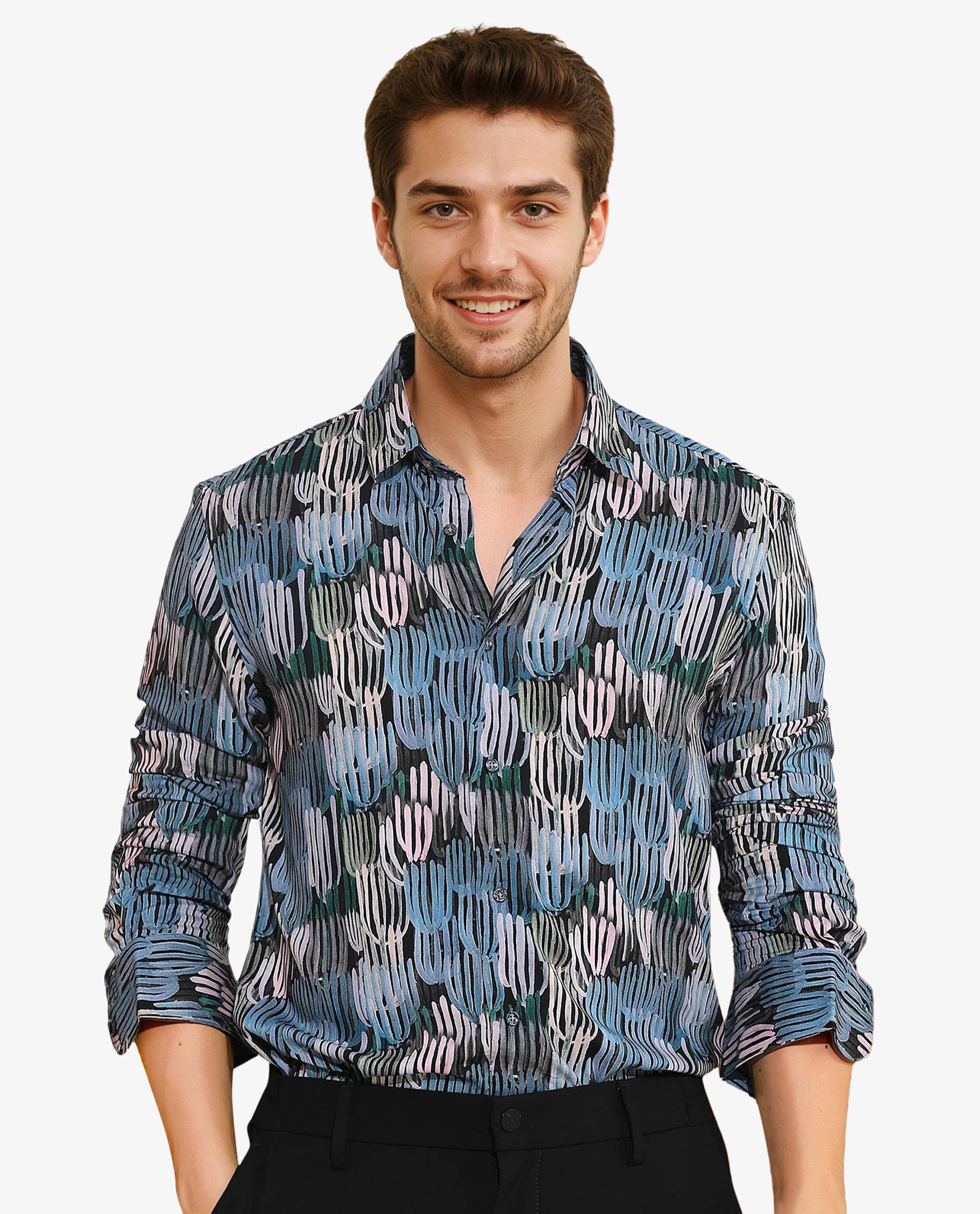 Rare Rabbit Men's Alvin Black Viscose Fabric Full Sleeves Abstract Print Regular Fit Shirt