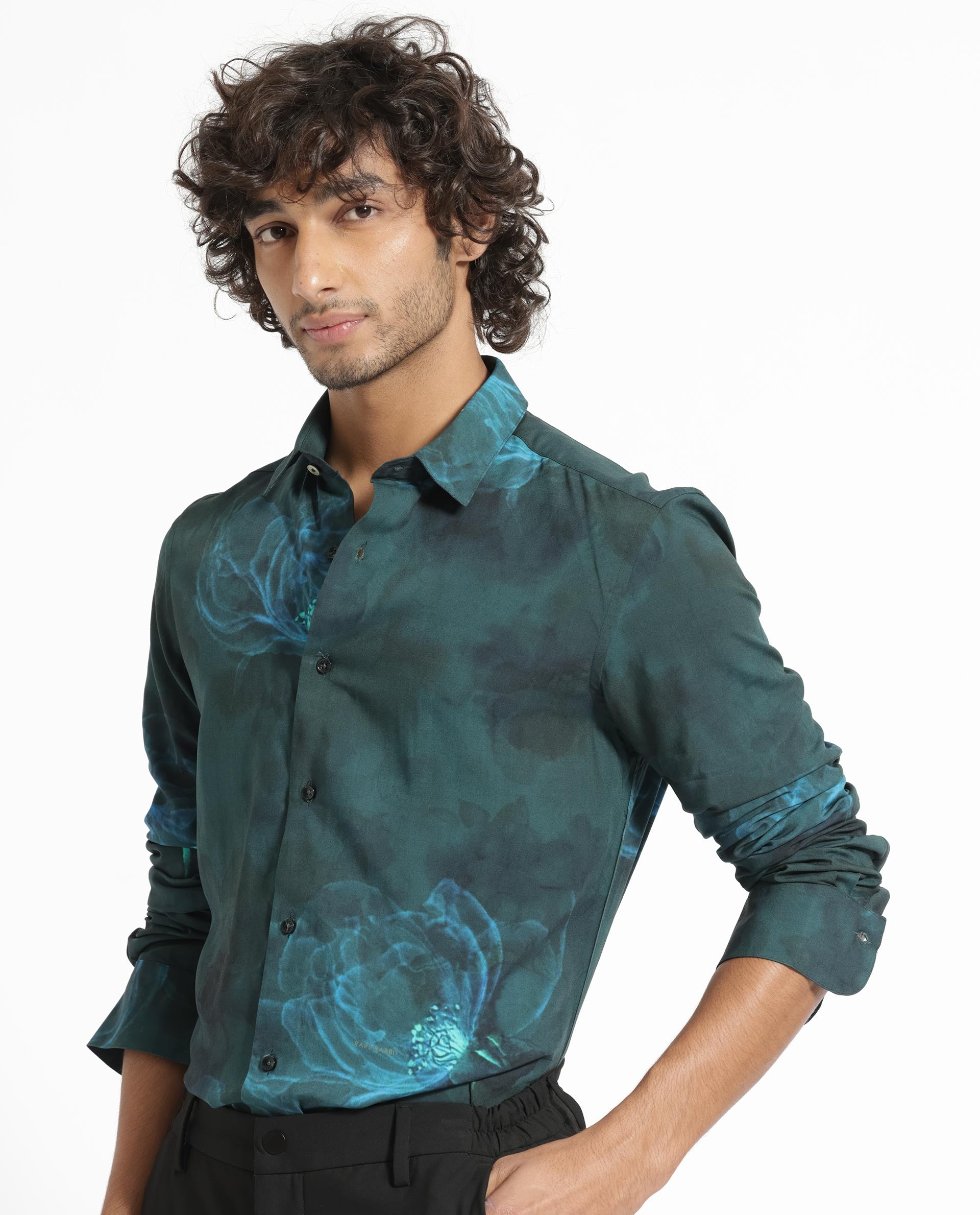 Rare Rabbit Mens Alwick Dark Green Viscose Fabric Full Sleeves Regular Fit Floral Print Shirt