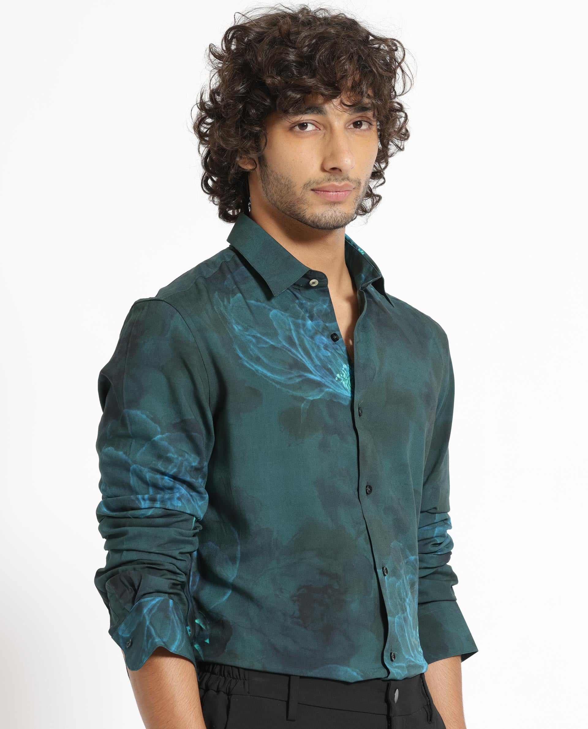 Rare Rabbit Mens Alwick Dark Green Viscose Fabric Full Sleeves Regular Fit Floral Print Shirt