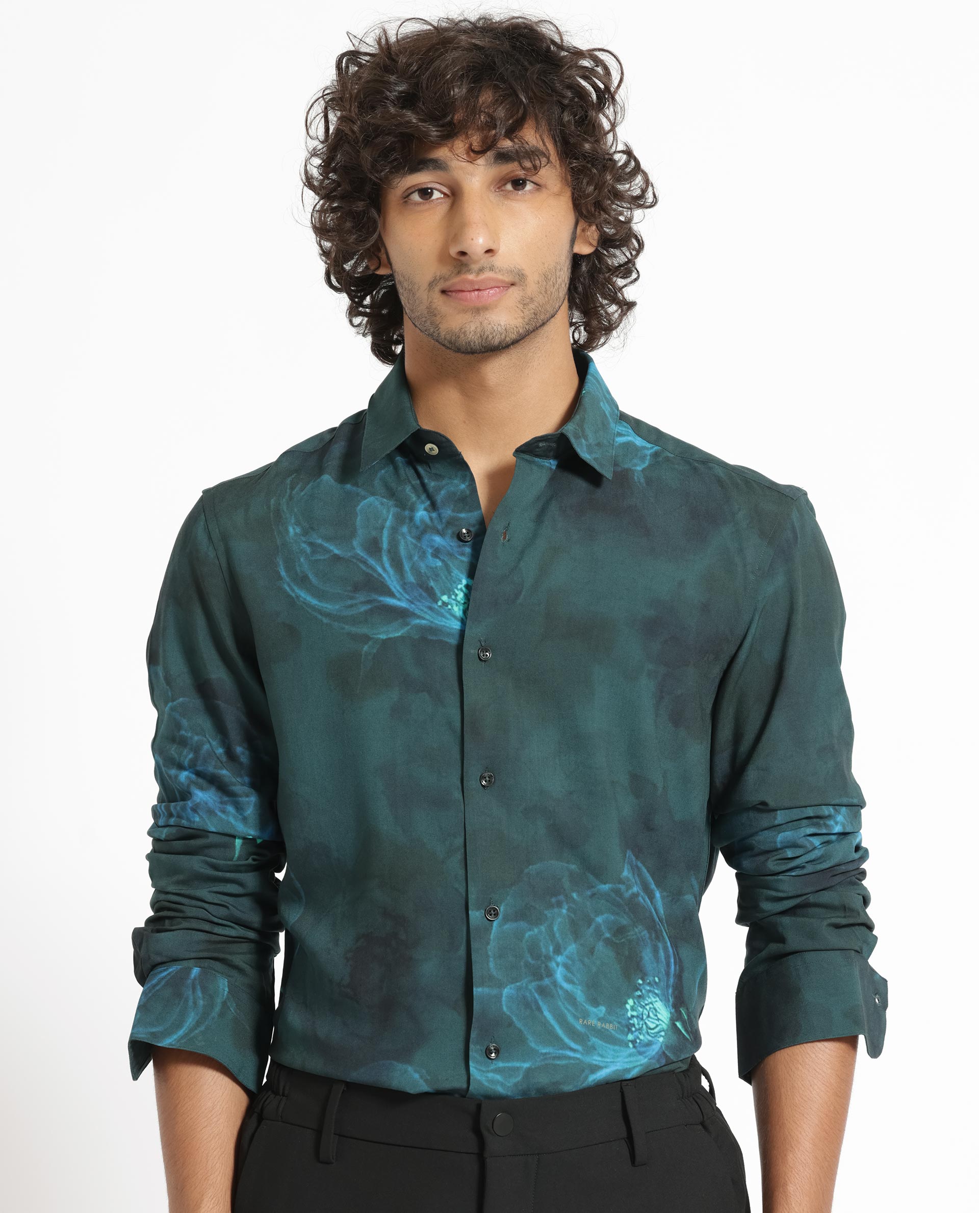 Rare Rabbit Mens Alwick Dark Green Viscose Fabric Full Sleeves Regular Fit Floral Print Shirt