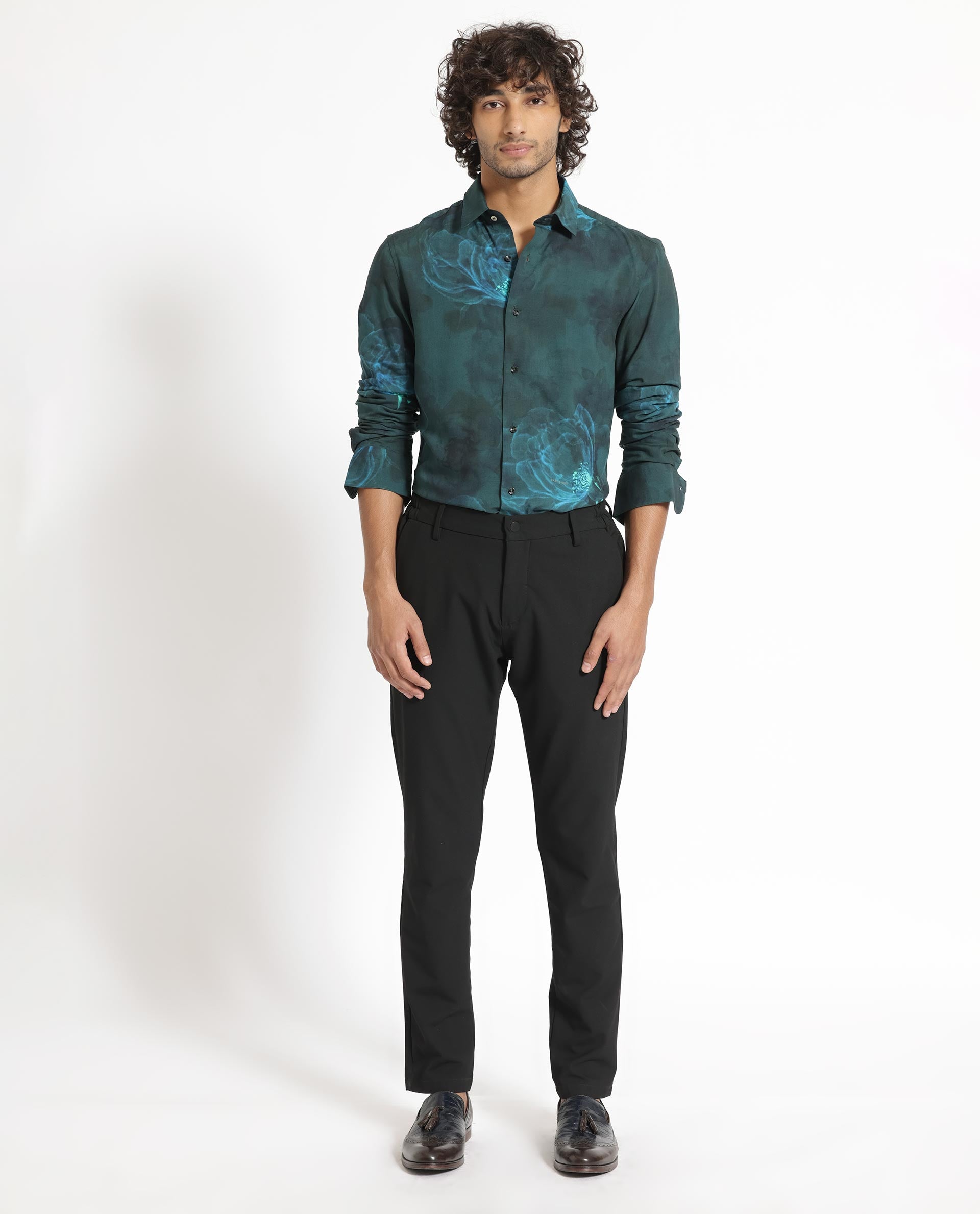 Rare Rabbit Mens Alwick Dark Green Viscose Fabric Full Sleeves Regular Fit Floral Print Shirt