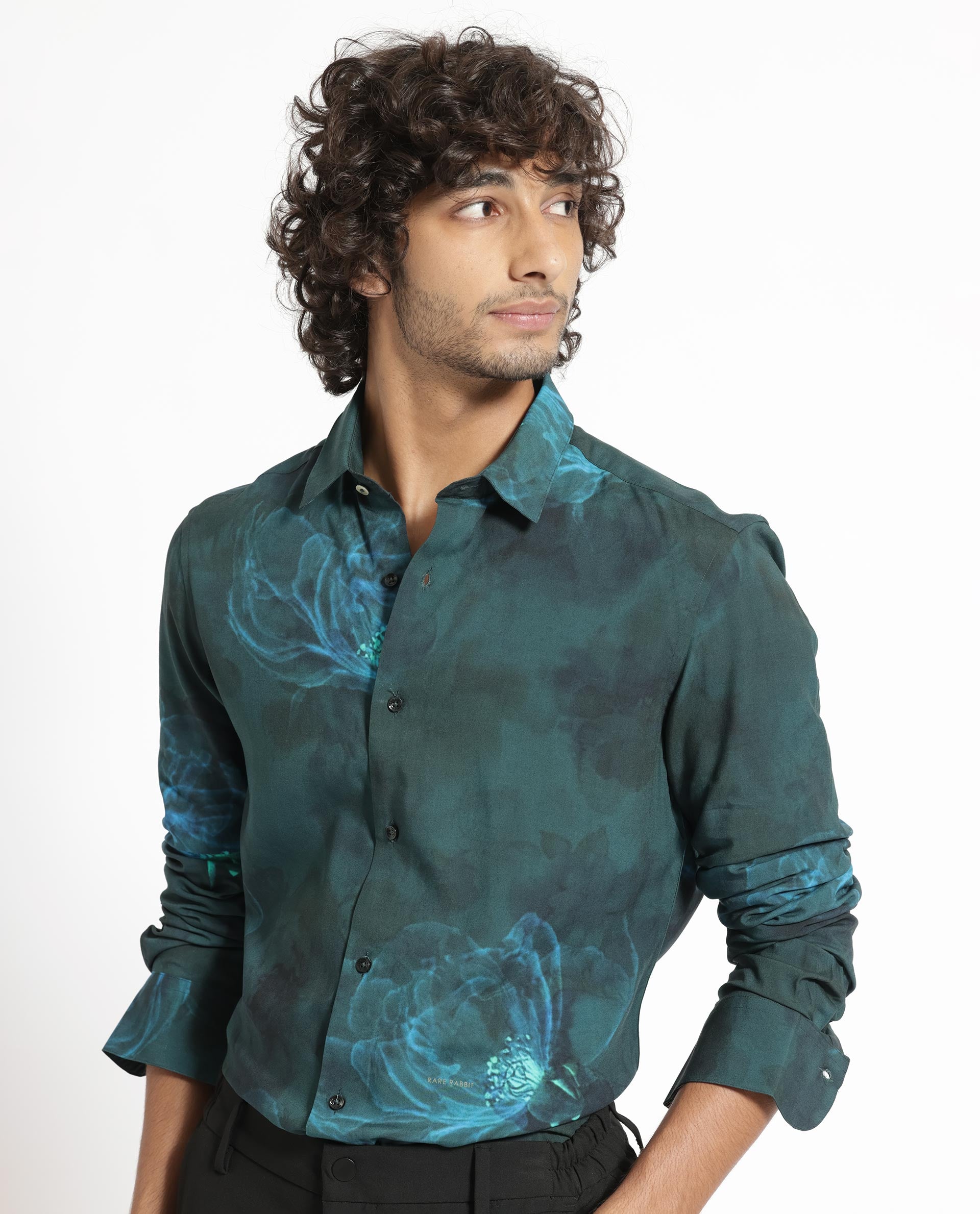 Rare Rabbit Mens Alwick Dark Green Viscose Fabric Full Sleeves Regular Fit Floral Print Shirt