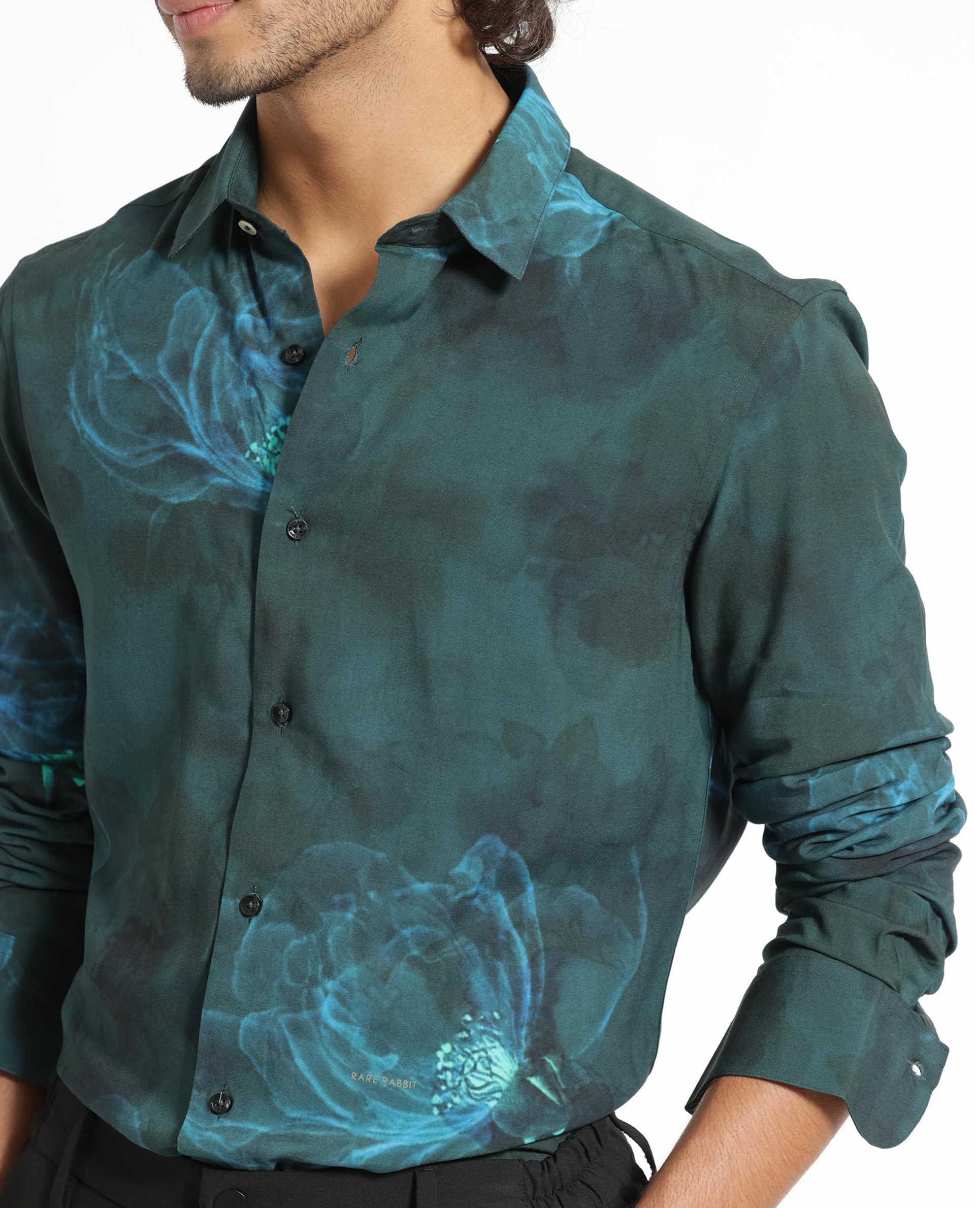 Rare Rabbit Mens Alwick Dark Green Viscose Fabric Full Sleeves Regular Fit Floral Print Shirt