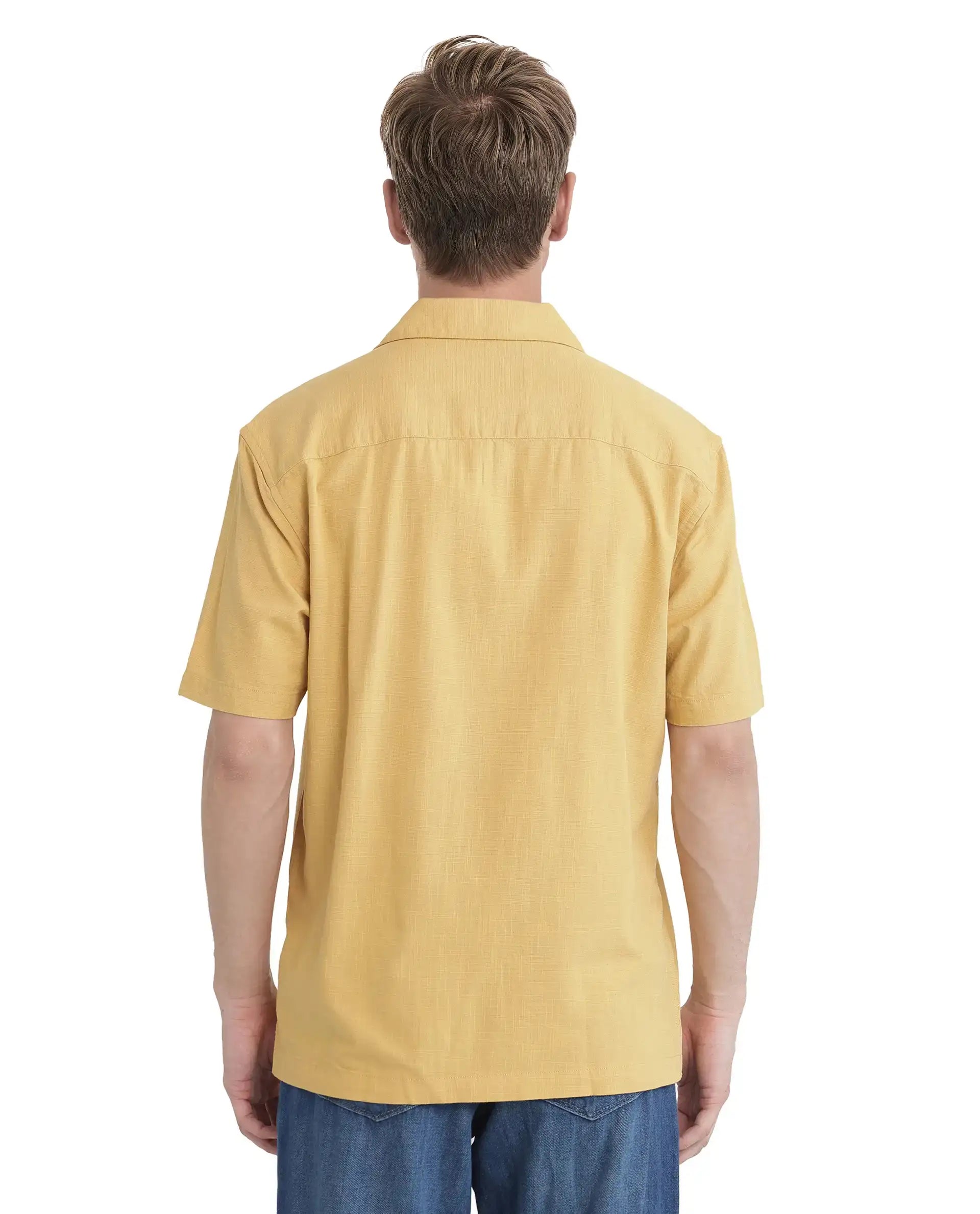 Rare Rabbit Men's Alxum Mustard Cotton Embroidered Boxy Fit Half Sleeve Cuban Collar Shirt