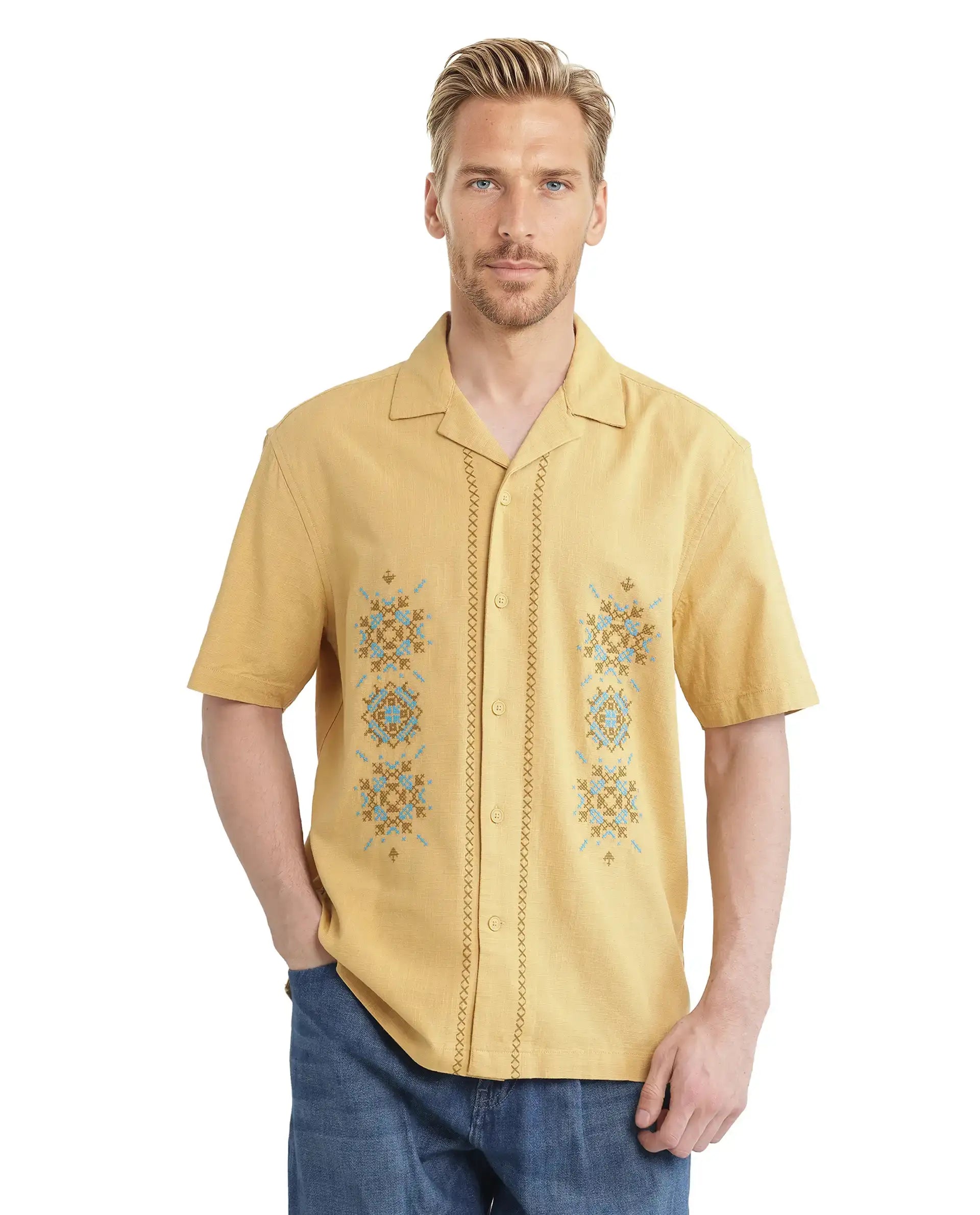 Rare Rabbit Men's Alxum Mustard Cotton Embroidered Boxy Fit Half Sleeve Cuban Collar Shirt