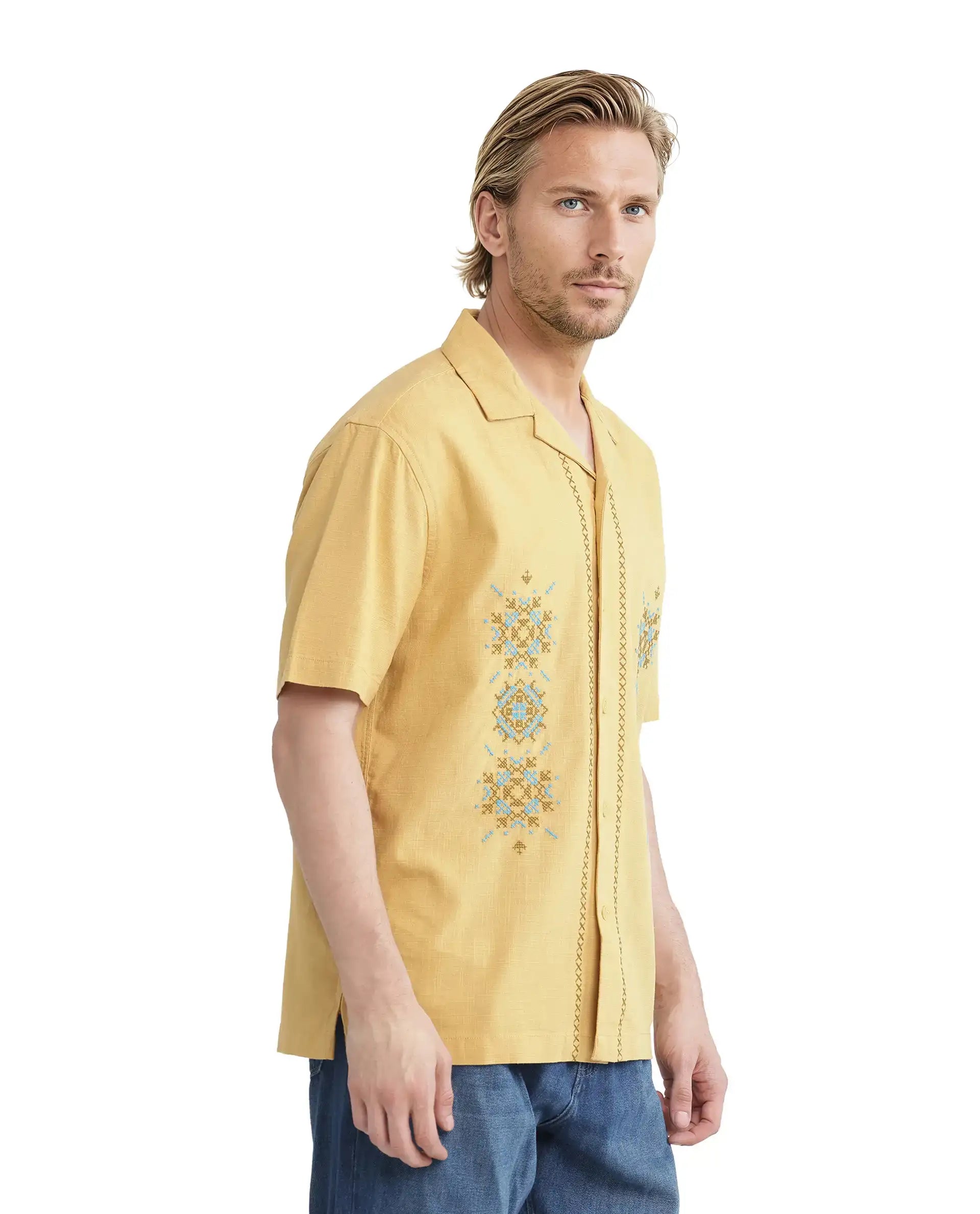 Rare Rabbit Men's Alxum Mustard Cotton Embroidered Boxy Fit Half Sleeve Cuban Collar Shirt