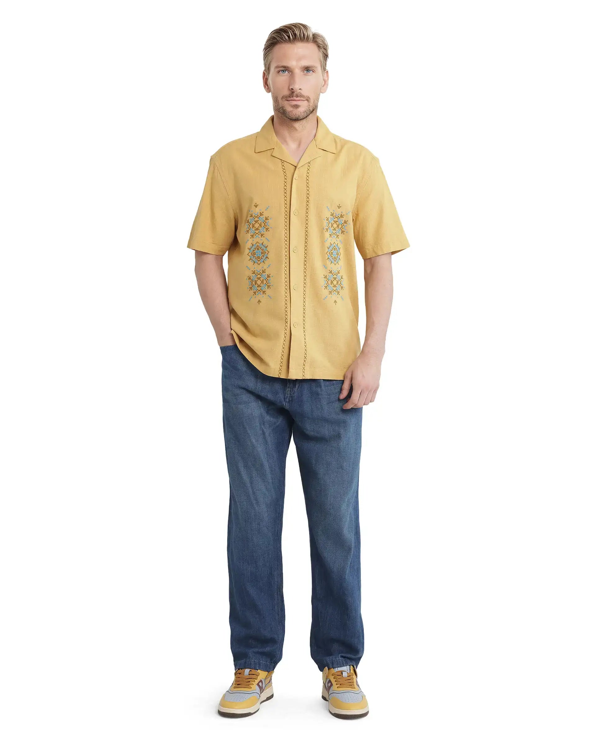 Rare Rabbit Men's Alxum Mustard Cotton Embroidered Boxy Fit Half Sleeve Cuban Collar Shirt