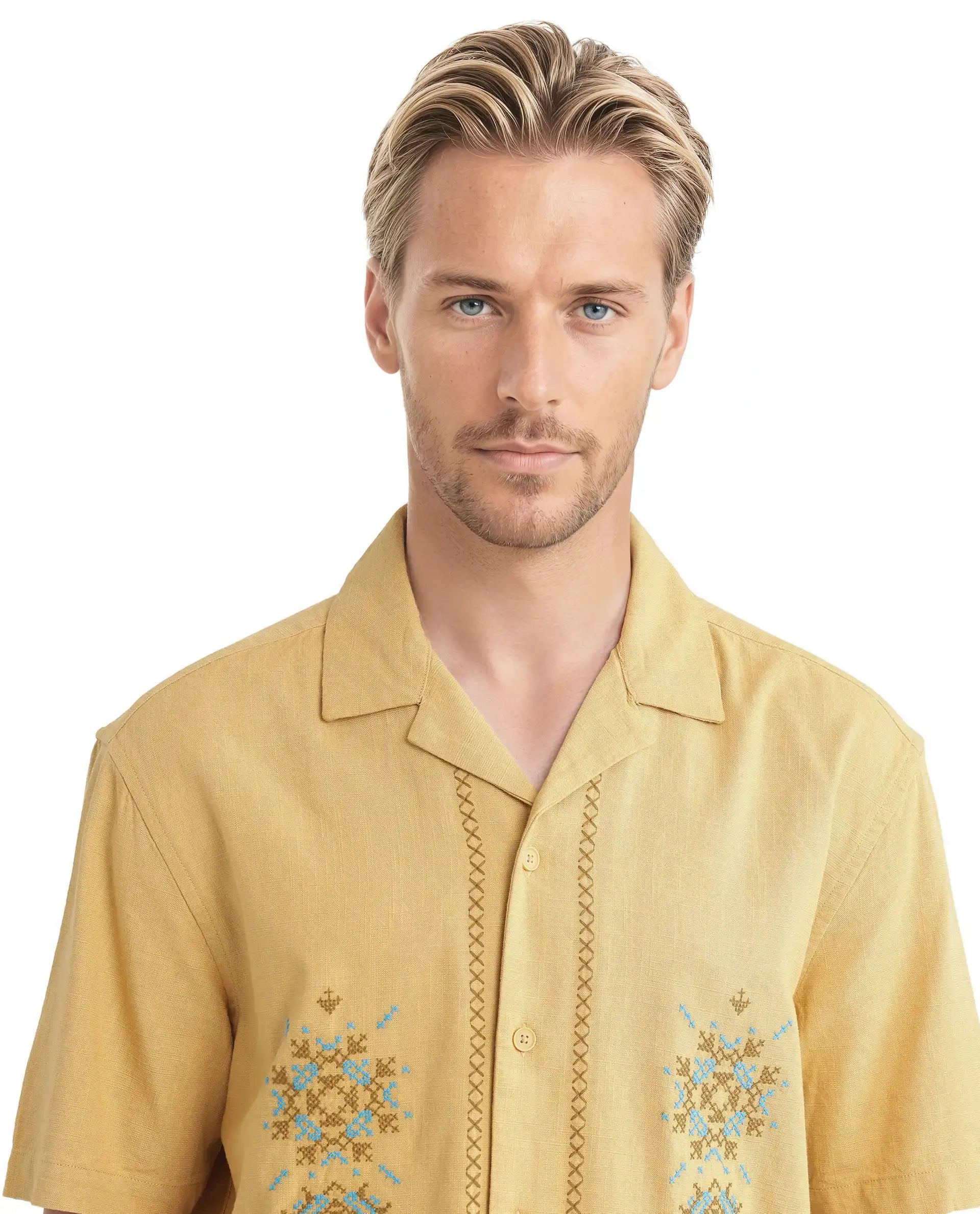 Rare Rabbit Men's Alxum Mustard Cotton Embroidered Boxy Fit Half Sleeve Cuban Collar Shirt