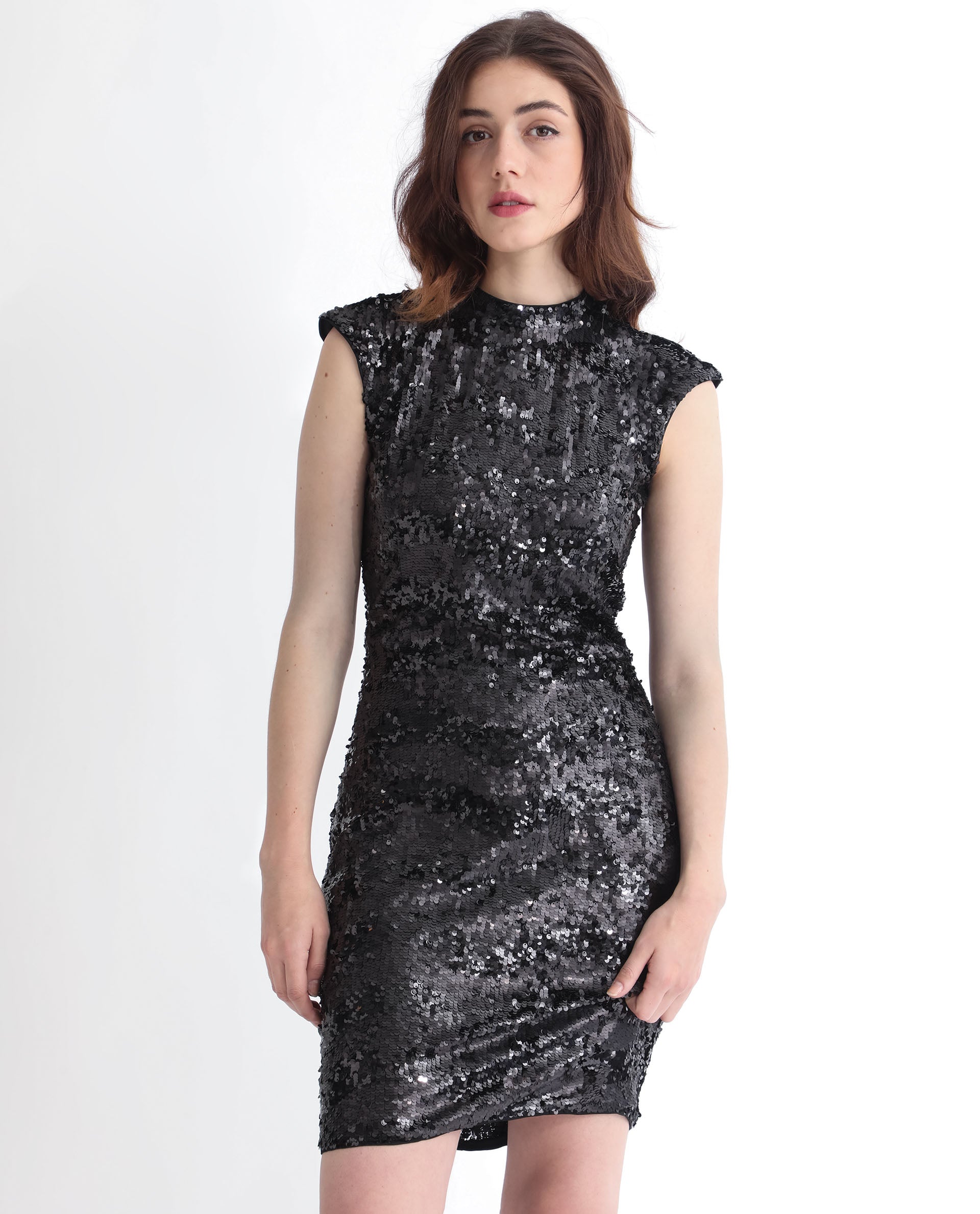 Rareism Women's Alzo Sheen Black Polyester Fabric High Neck Zipper Closure Sleeveless Sequined Knee Length Dress