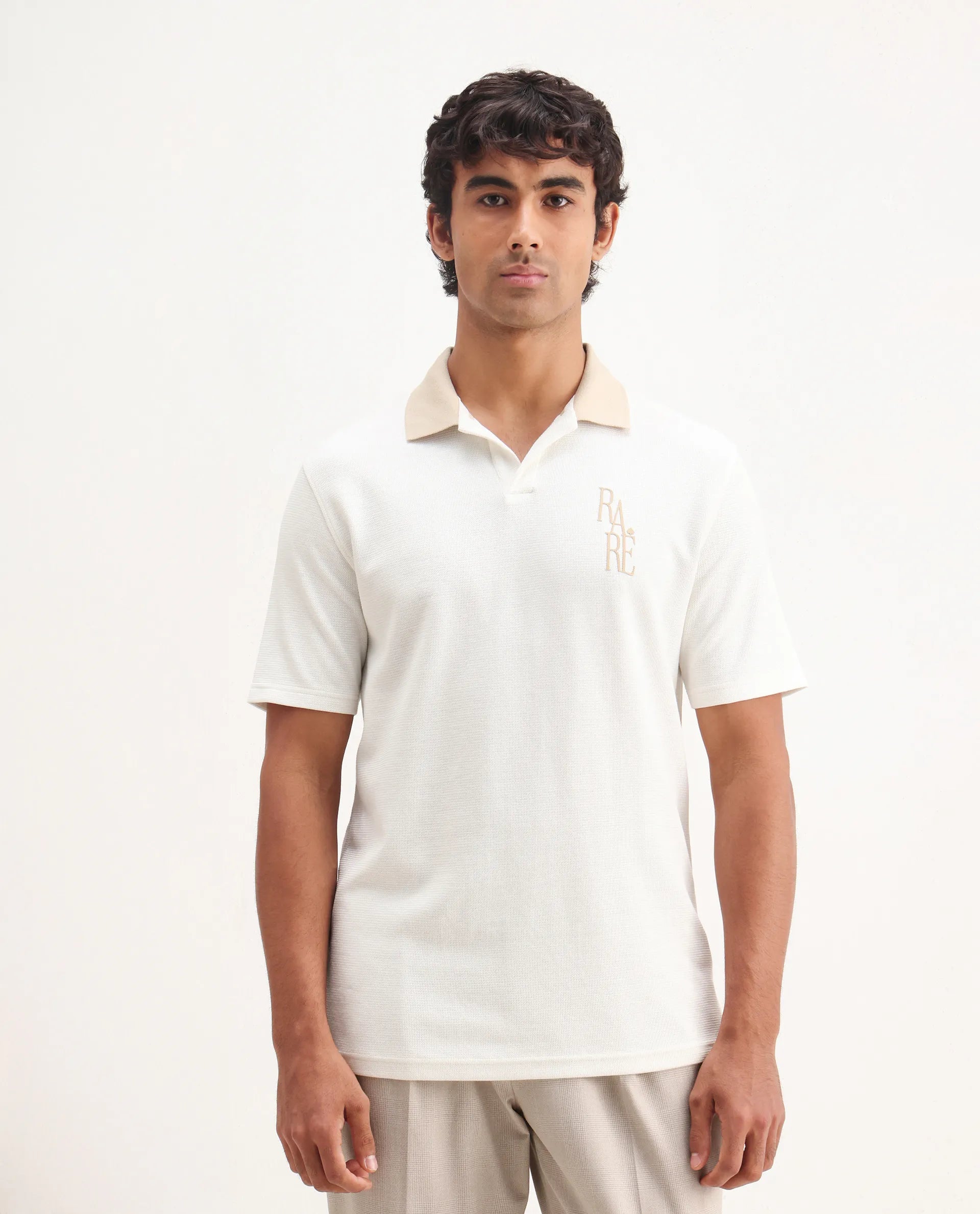 Rare Rabbit Men's Amber Off White Cotton Blend Graphic Print Relaxed Fit Half Sleeve Polo