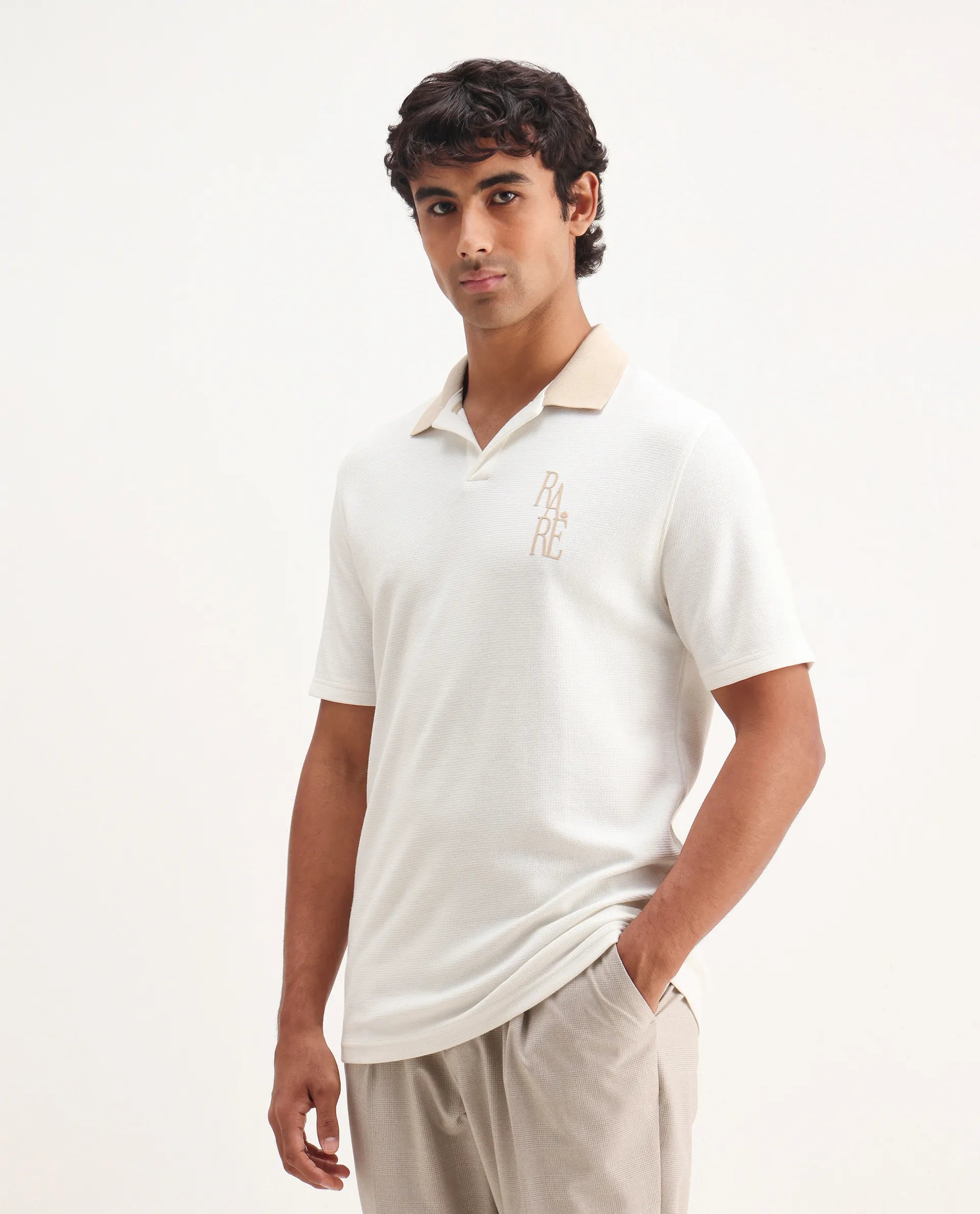 Rare Rabbit Men's Amber Off White Cotton Blend Graphic Print Relaxed Fit Half Sleeve Polo