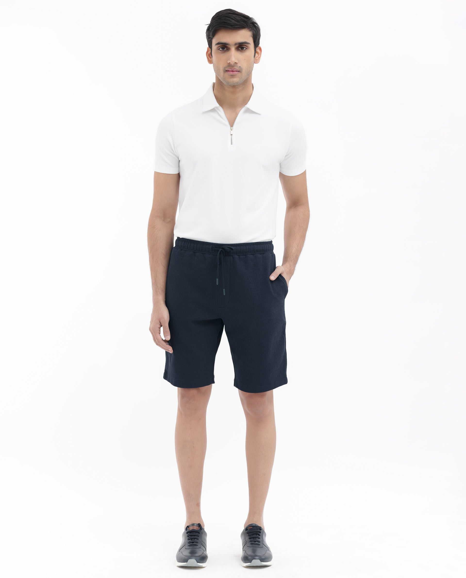 Rare Rabbit Mens Ambet Dusky Navy Cotton Polyester Solid Knee Length Shorts