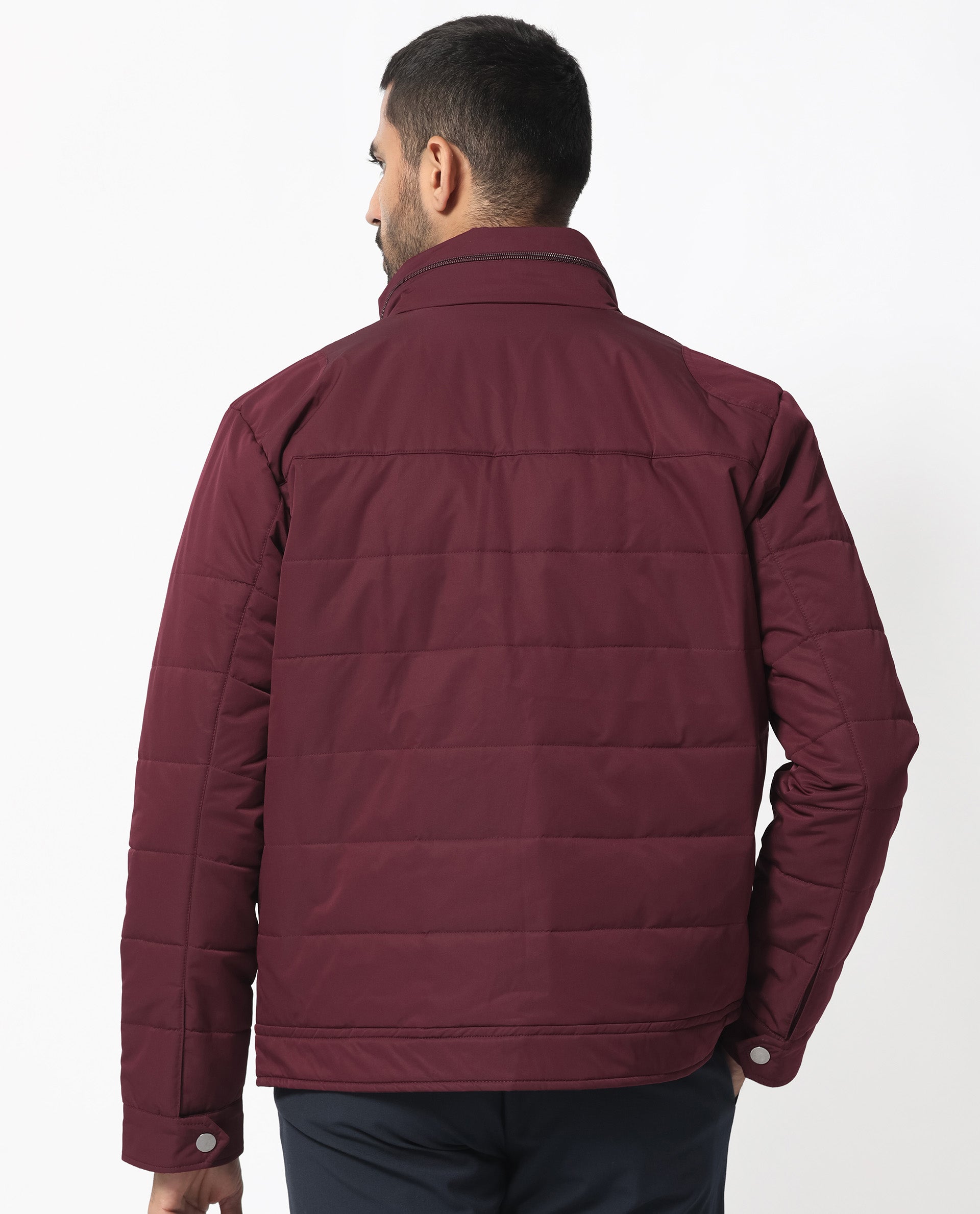 Rare Rabbit Men's Ambr Dark Maroon Plain High Neck Quilted Jacket