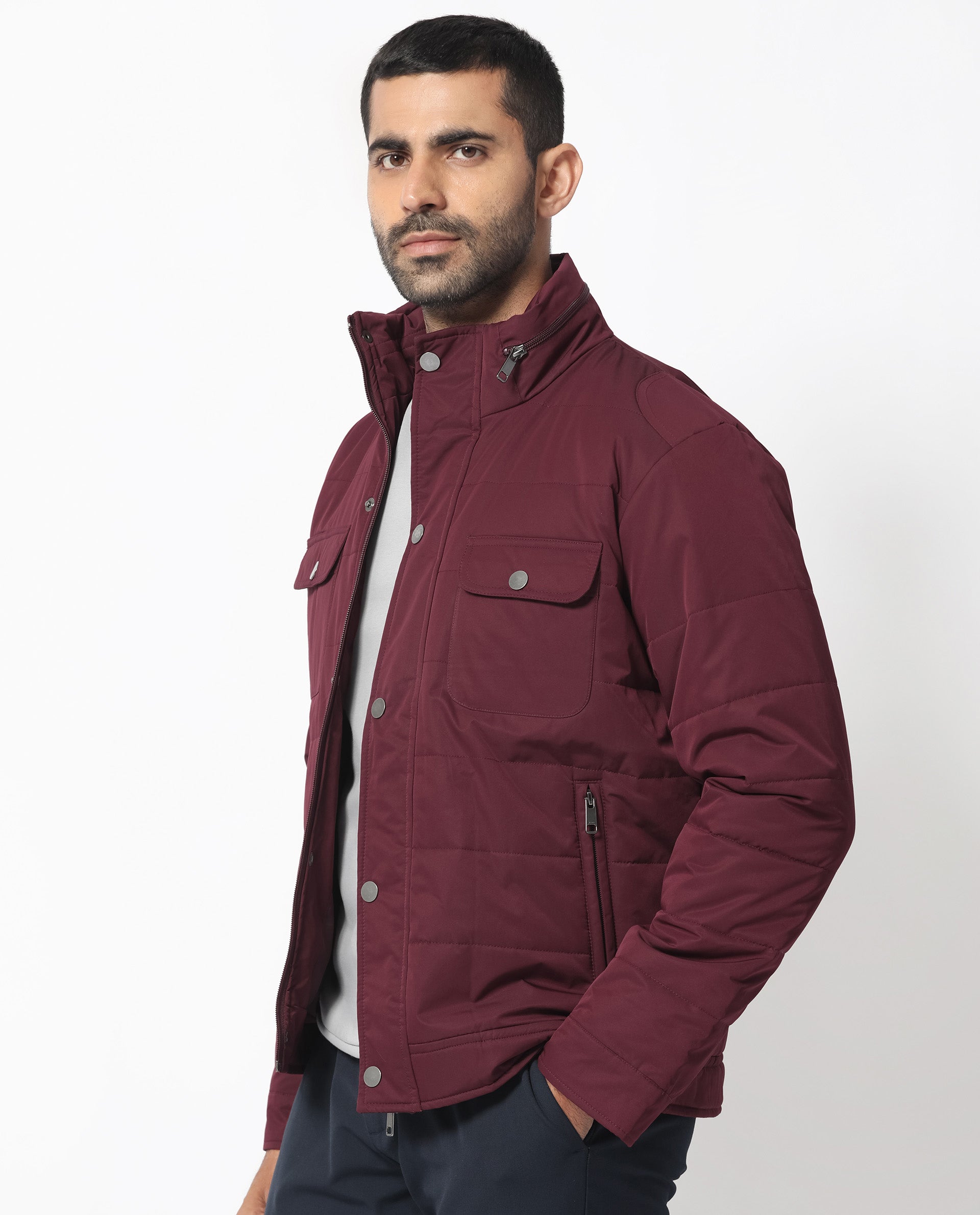 Rare Rabbit Men's Ambr Dark Maroon Plain High Neck Quilted Jacket