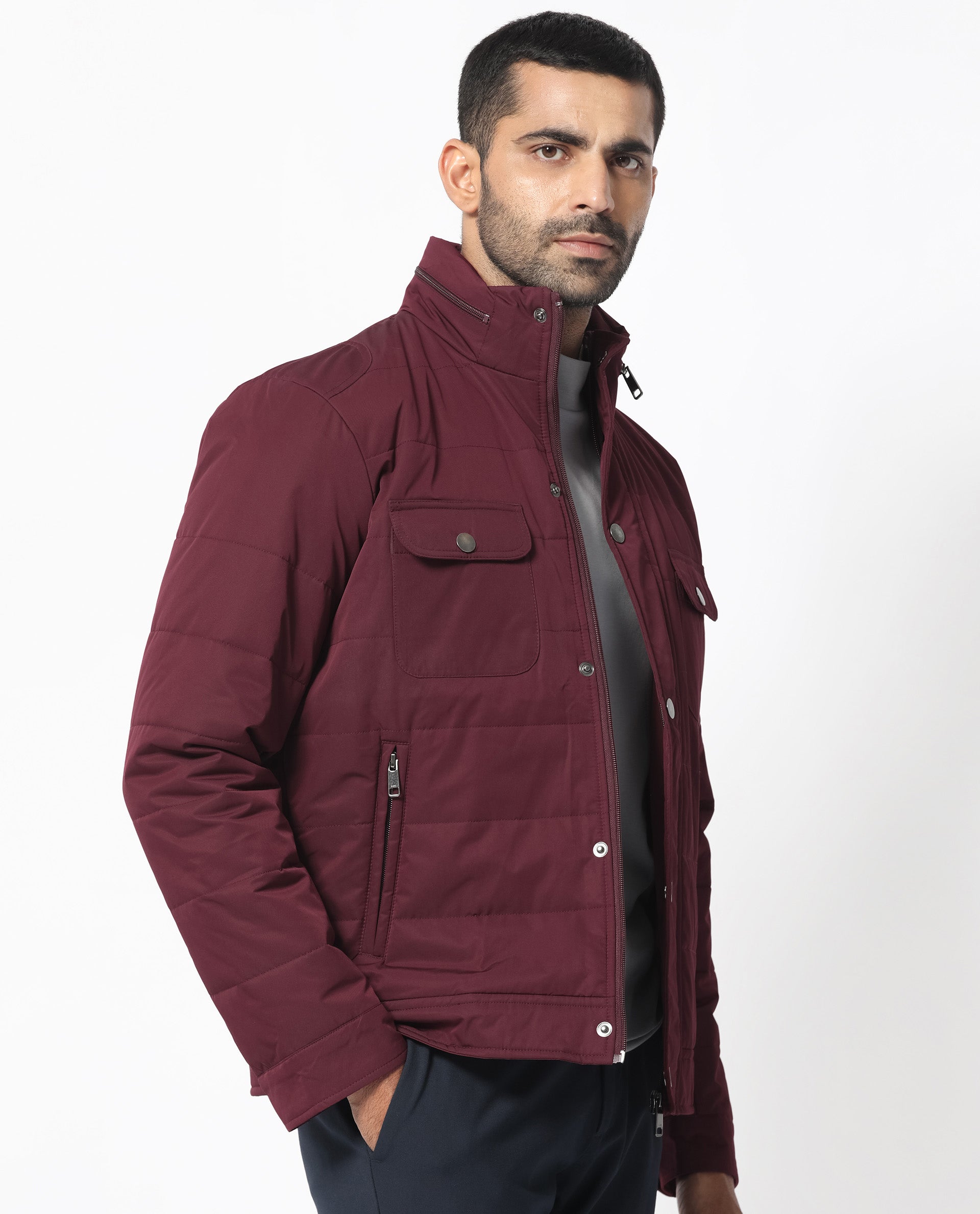 Rare Rabbit Men's Ambr Dark Maroon Plain High Neck Quilted Jacket