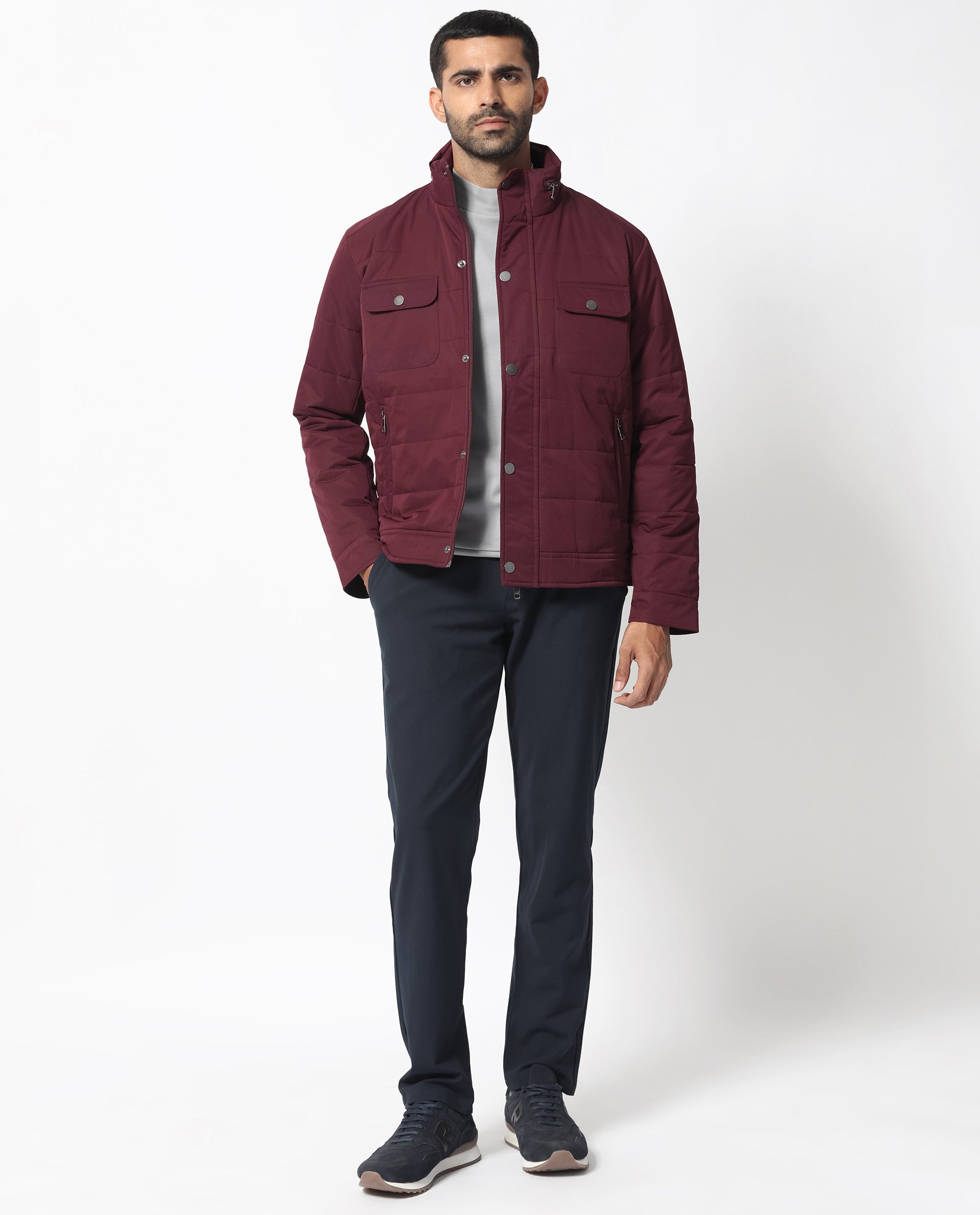 Rare Rabbit Men's Ambr Dark Maroon Plain High Neck Quilted Jacket
