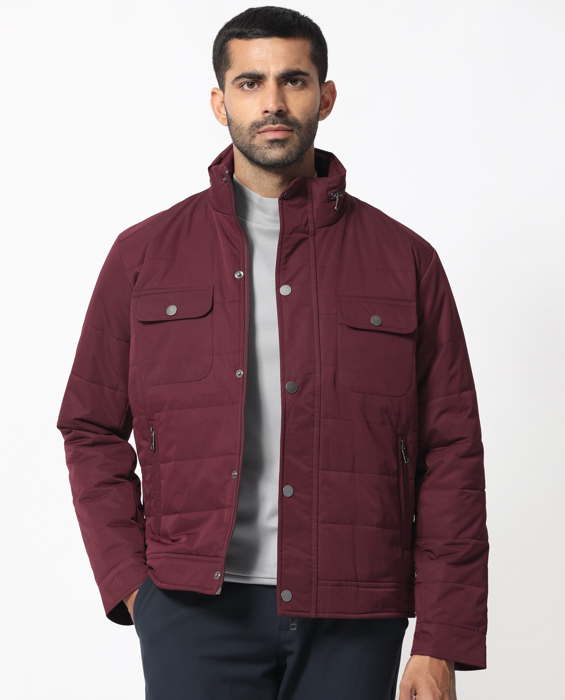 Rare Rabbit Men's Ambr Dark Maroon Plain High Neck Quilted Jacket