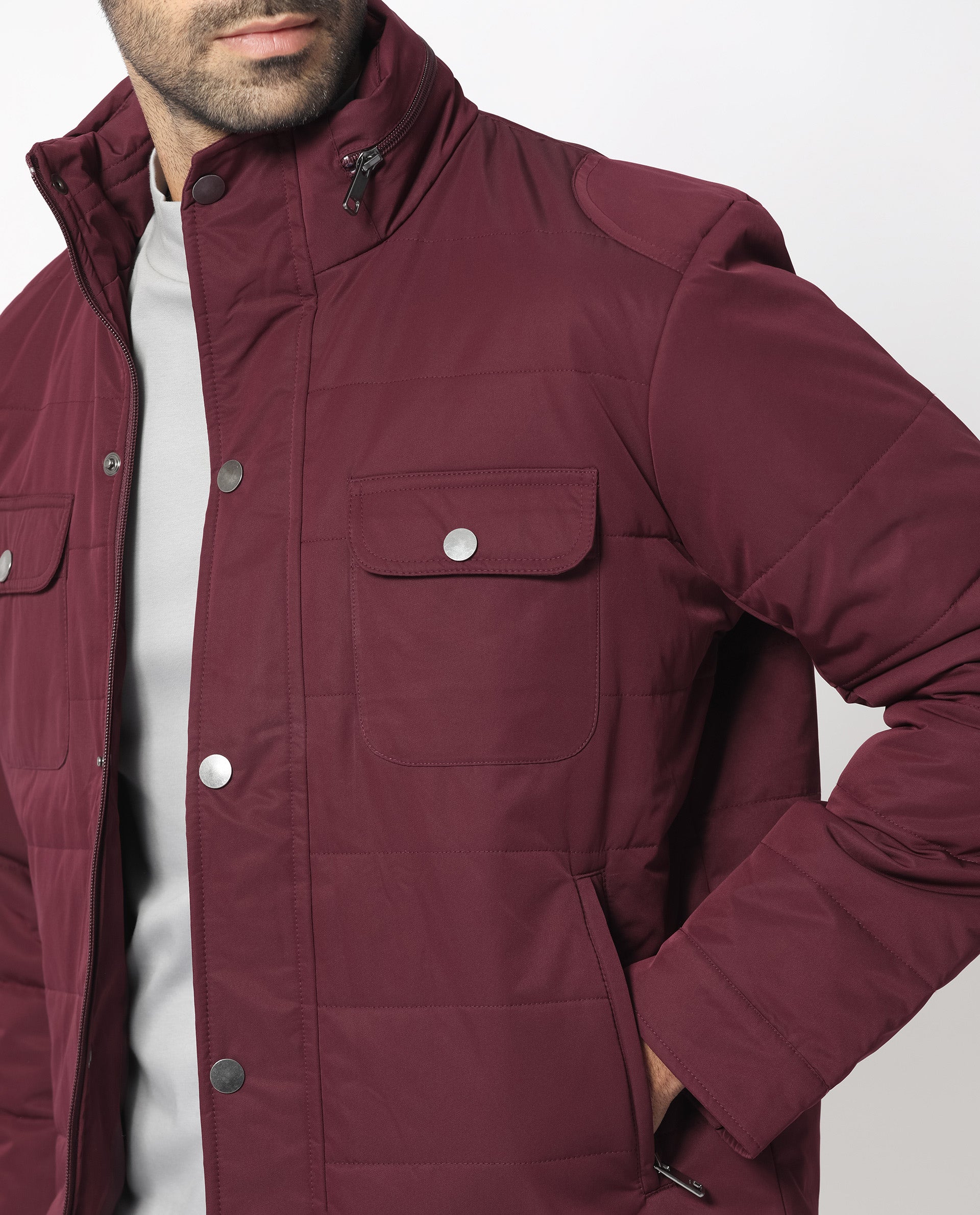 Rare Rabbit Men's Ambr Dark Maroon Plain High Neck Quilted Jacket