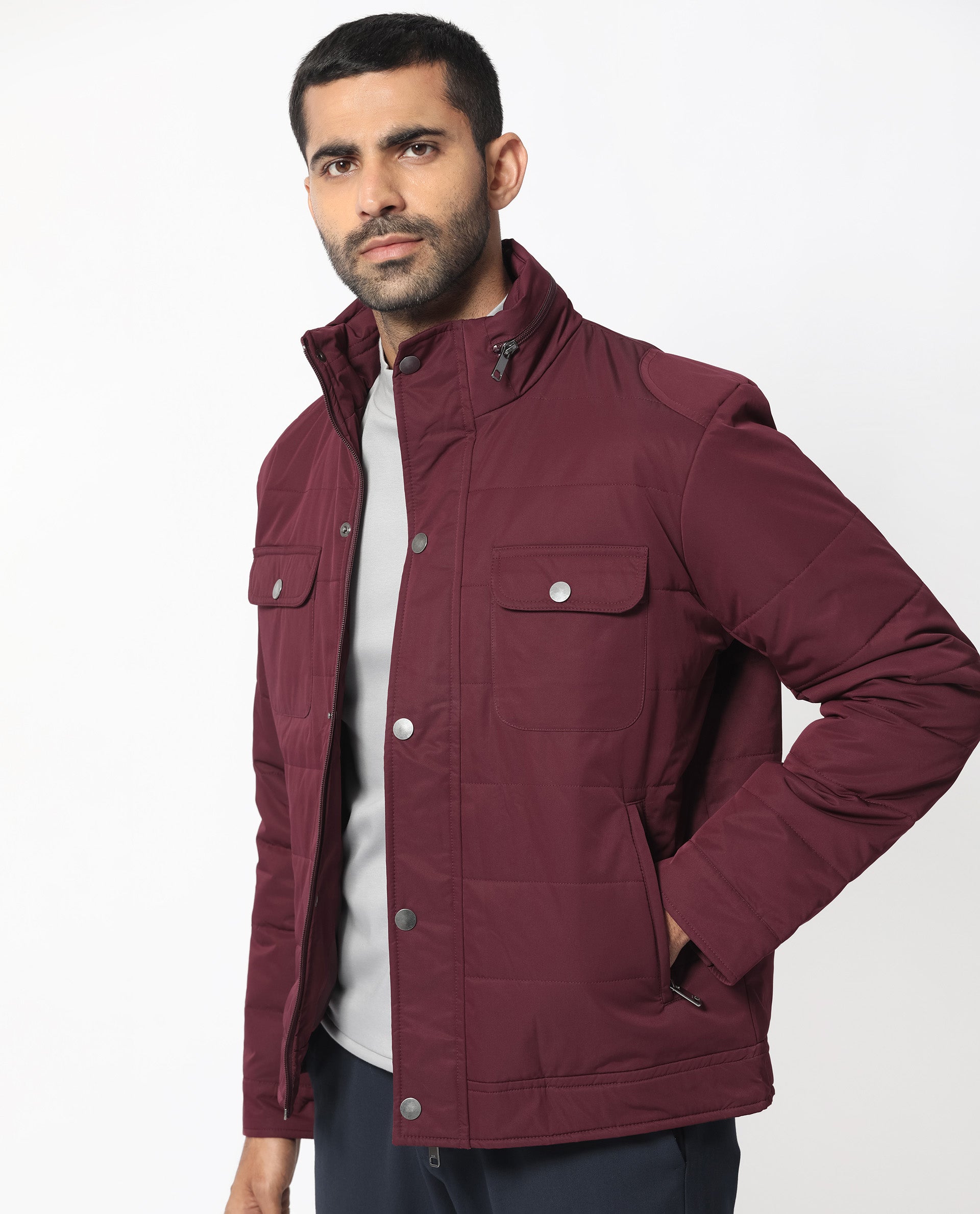 Rare Rabbit Men's Ambr Dark Maroon Plain High Neck Quilted Jacket