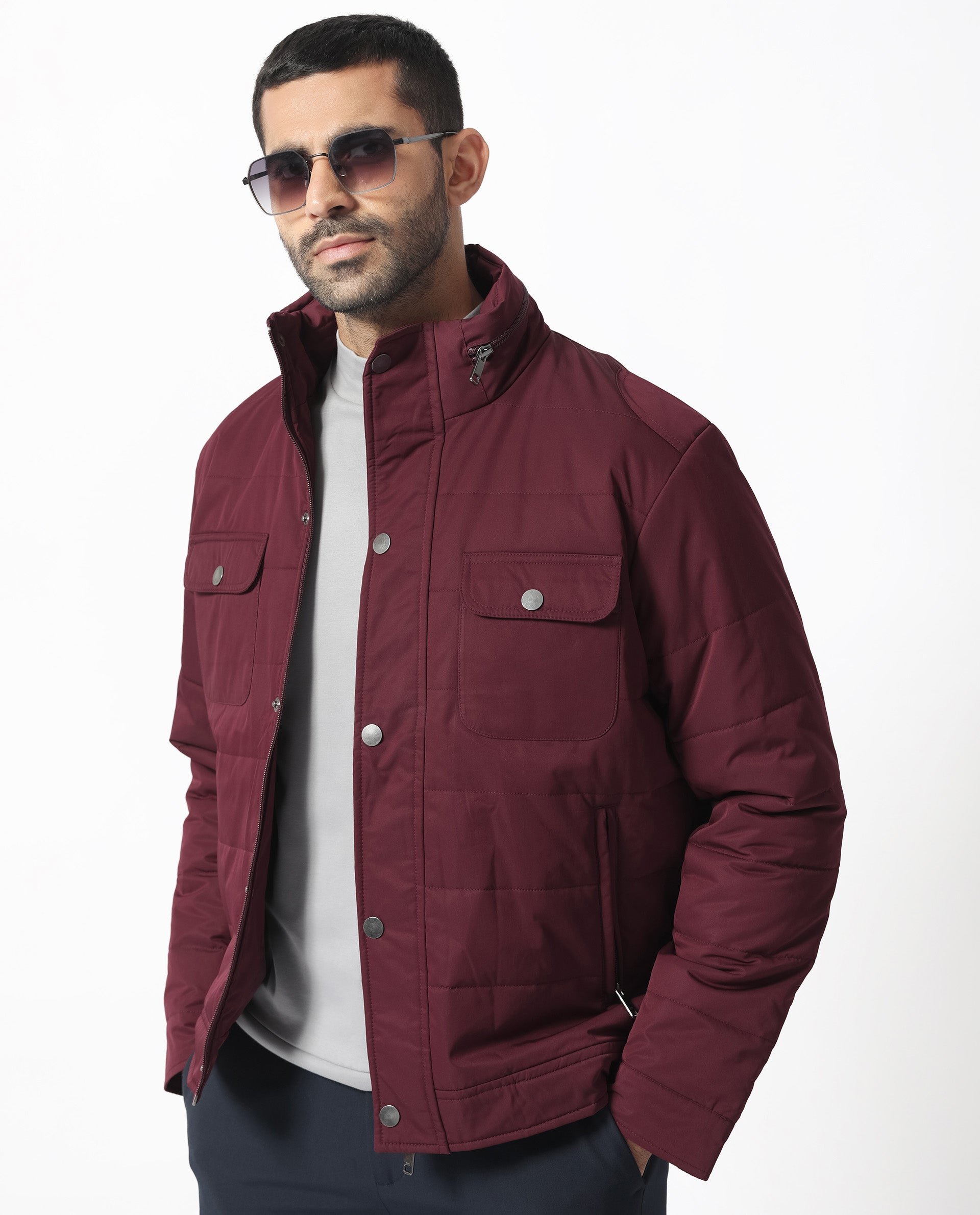 Rare Rabbit Men's Ambr Dark Maroon Plain High Neck Quilted Jacket
