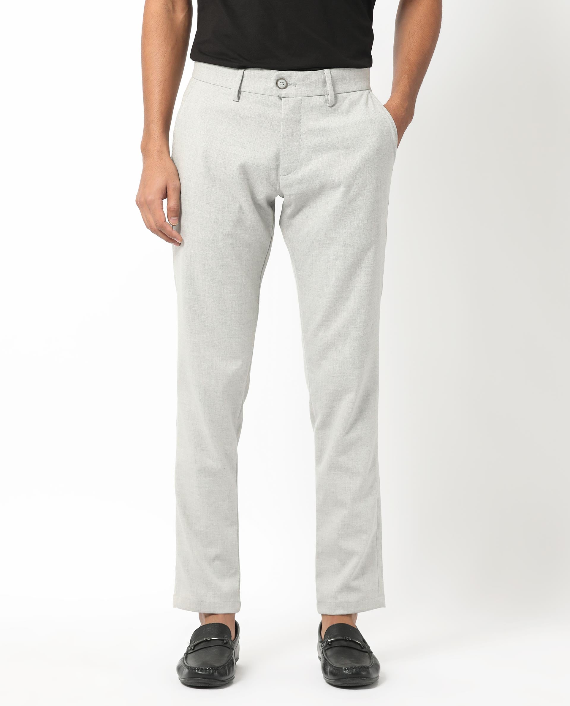 Rare Rabbit Men's Mercer Light Grey Solid Mid-Rise Regular Fit Trouser