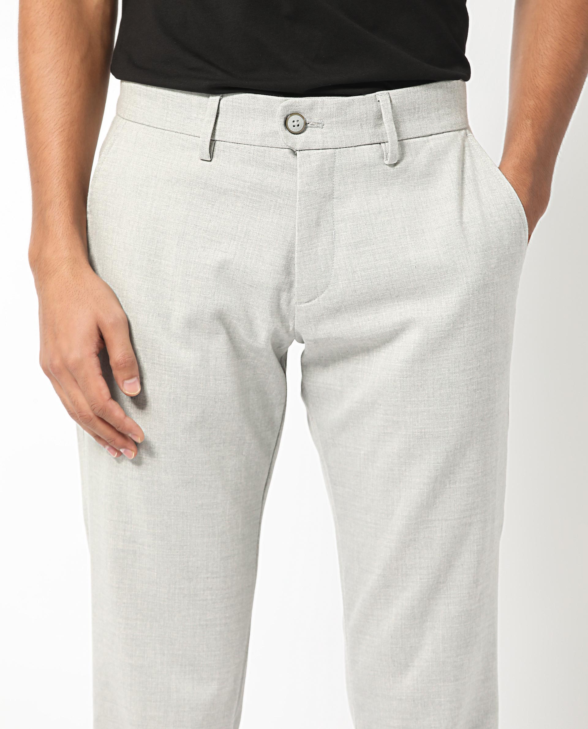 Rare Rabbit Men's Mercer Light Grey Solid Mid-Rise Regular Fit Trouser