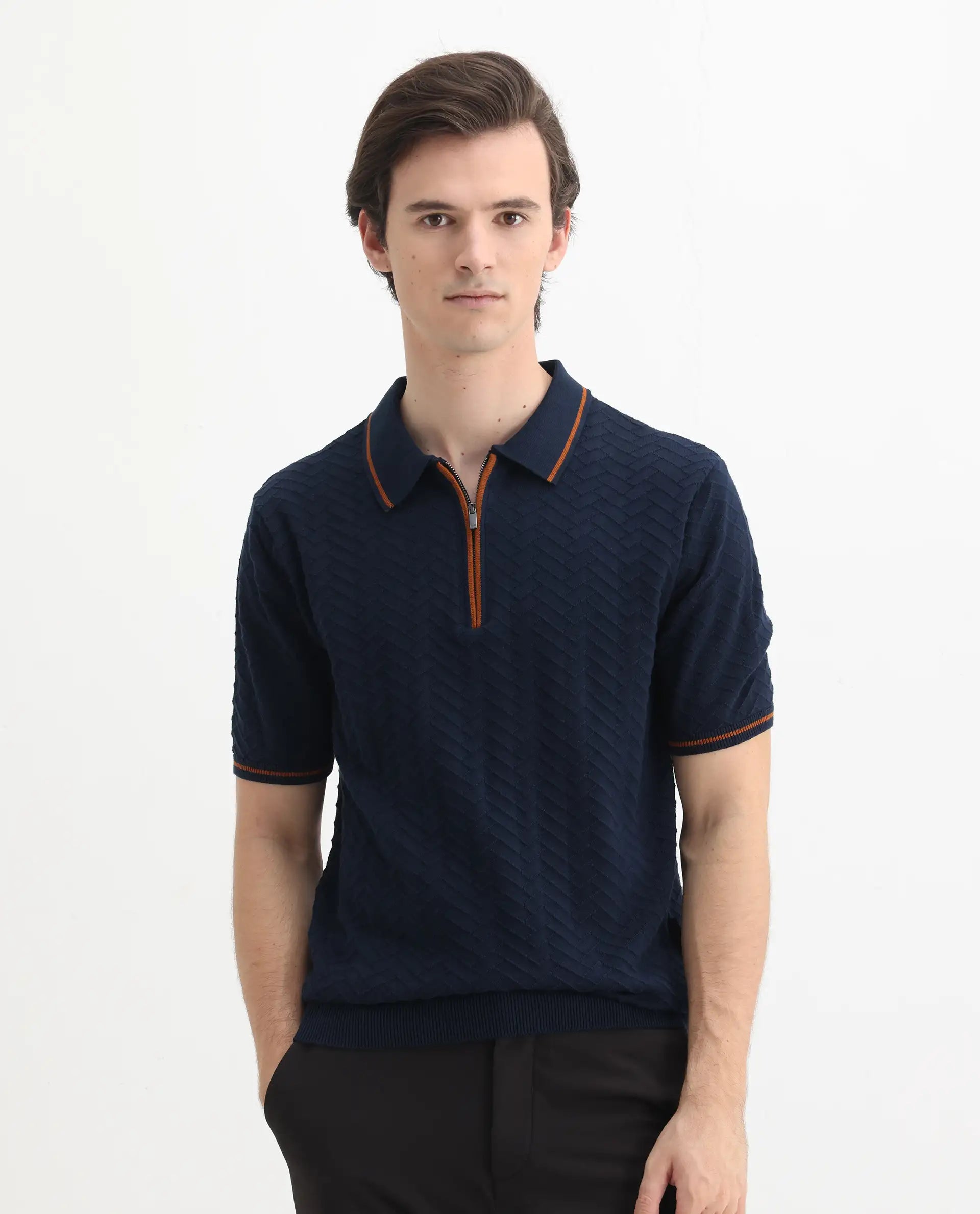Rare Rabbit Men's Amet Navy Cotton Textured Regular Fit Half Sleeve Polo