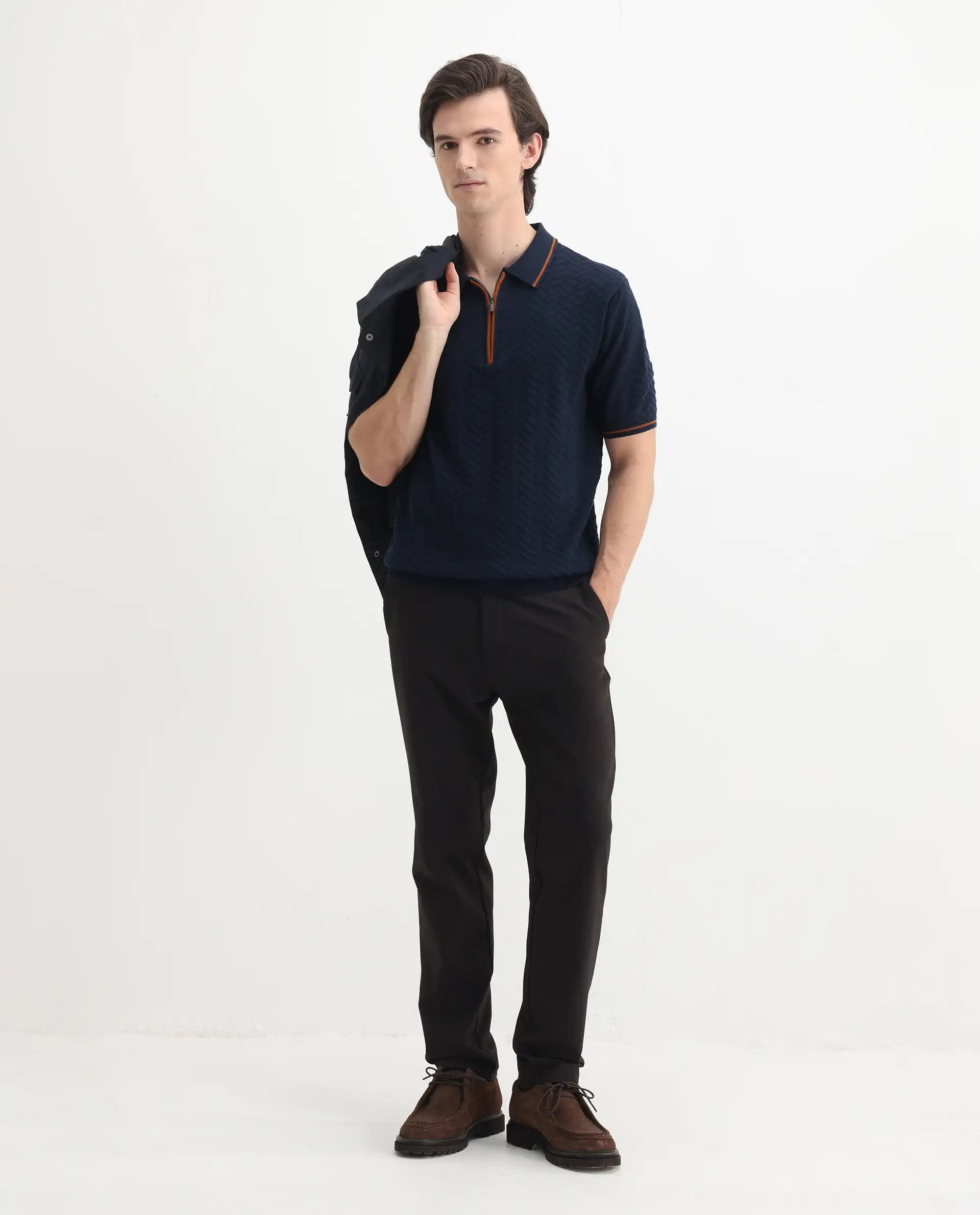 Rare Rabbit Men's Amet Navy Cotton Textured Regular Fit Half Sleeve Polo