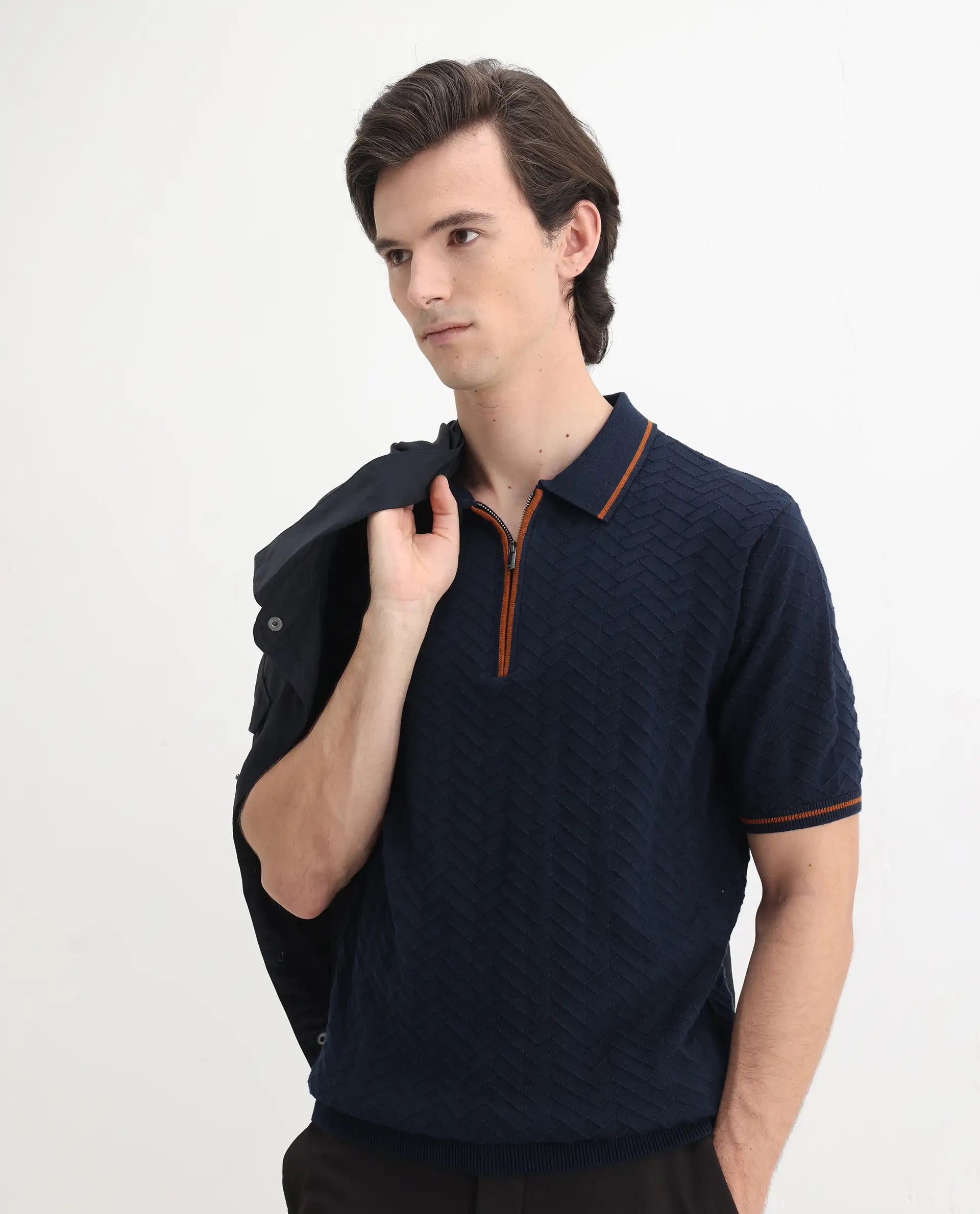 Rare Rabbit Men's Amet Navy Cotton Textured Regular Fit Half Sleeve Polo