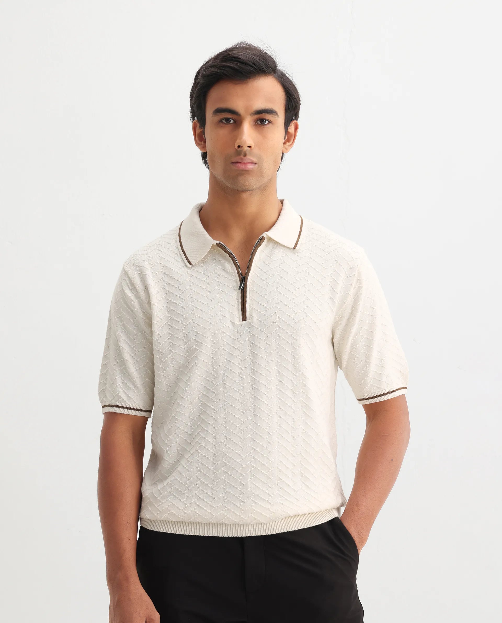 Rare Rabbit Men's Amet Off White Cotton Textured Regular Fit Half Sleeve Polo