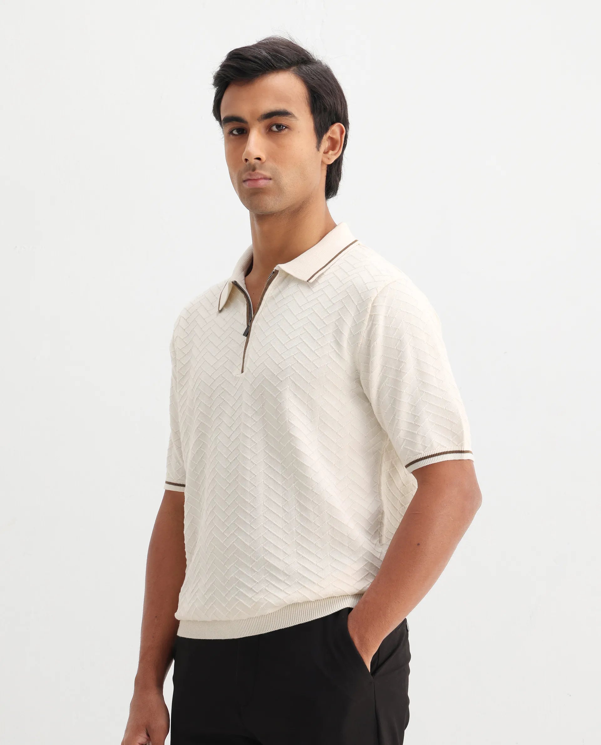 Rare Rabbit Men's Amet Off White Cotton Textured Regular Fit Half Sleeve Polo