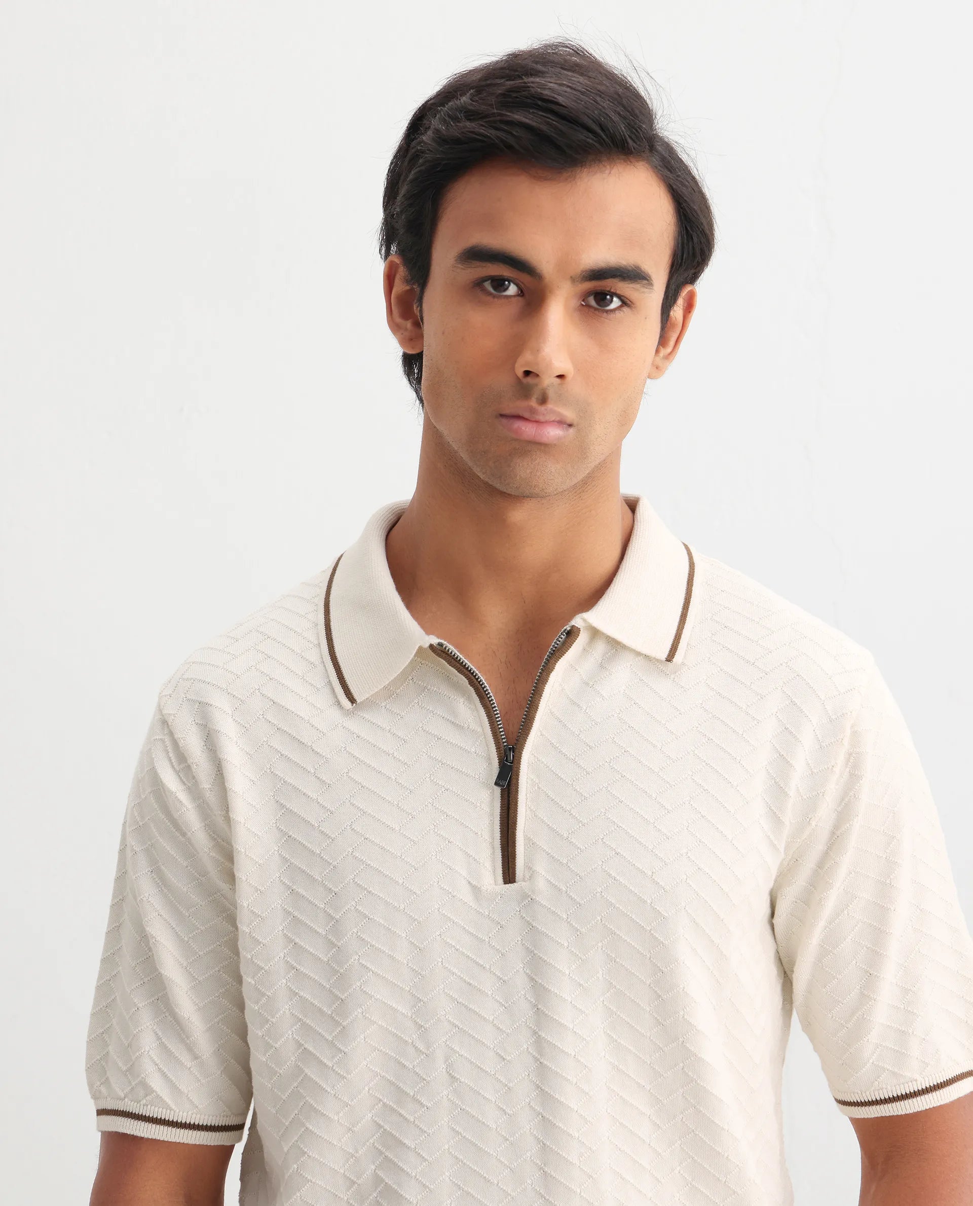 Rare Rabbit Men's Amet Off White Cotton Textured Regular Fit Half Sleeve Polo