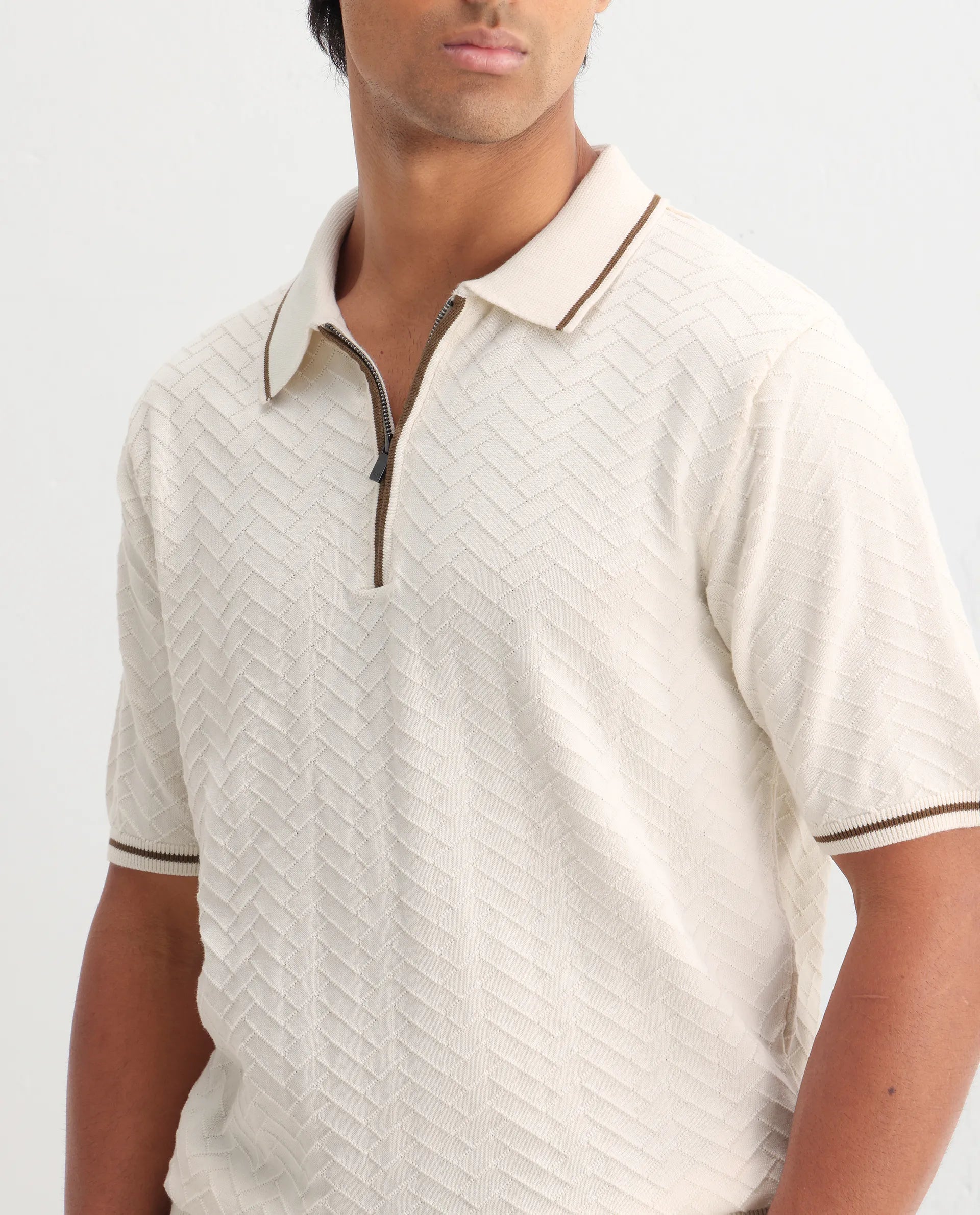 Rare Rabbit Men's Amet Off White Cotton Textured Regular Fit Half Sleeve Polo