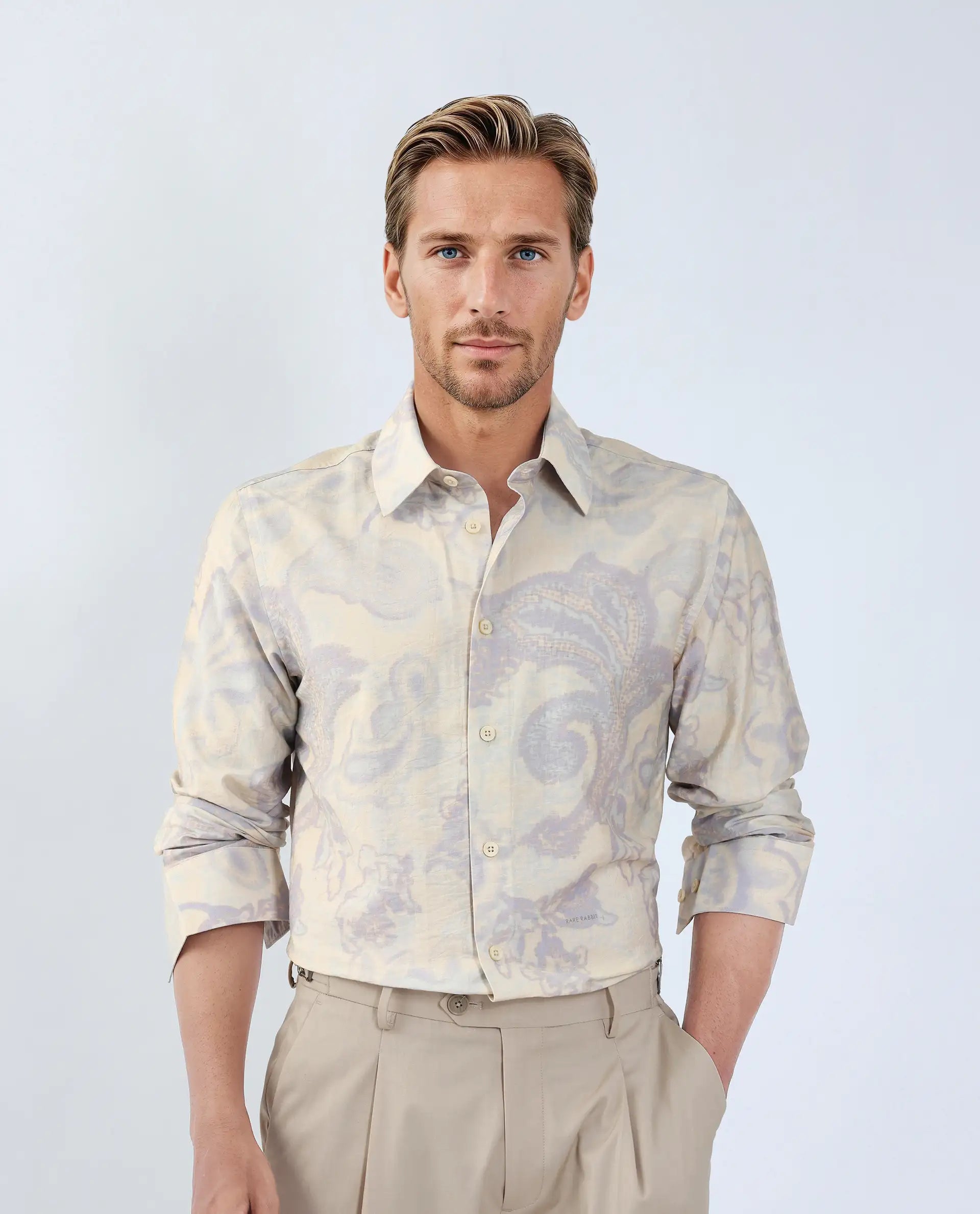 Rare Rabbit Men's Ami Beige Viscose Abstract Print Relaxed Fit Full Sleeve Collared Shirt