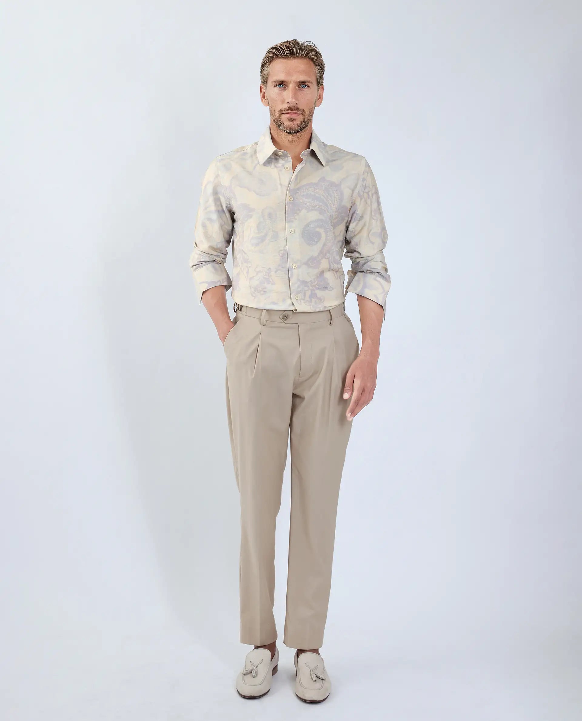 Rare Rabbit Men's Ami Beige Viscose Abstract Print Relaxed Fit Full Sleeve Collared Shirt