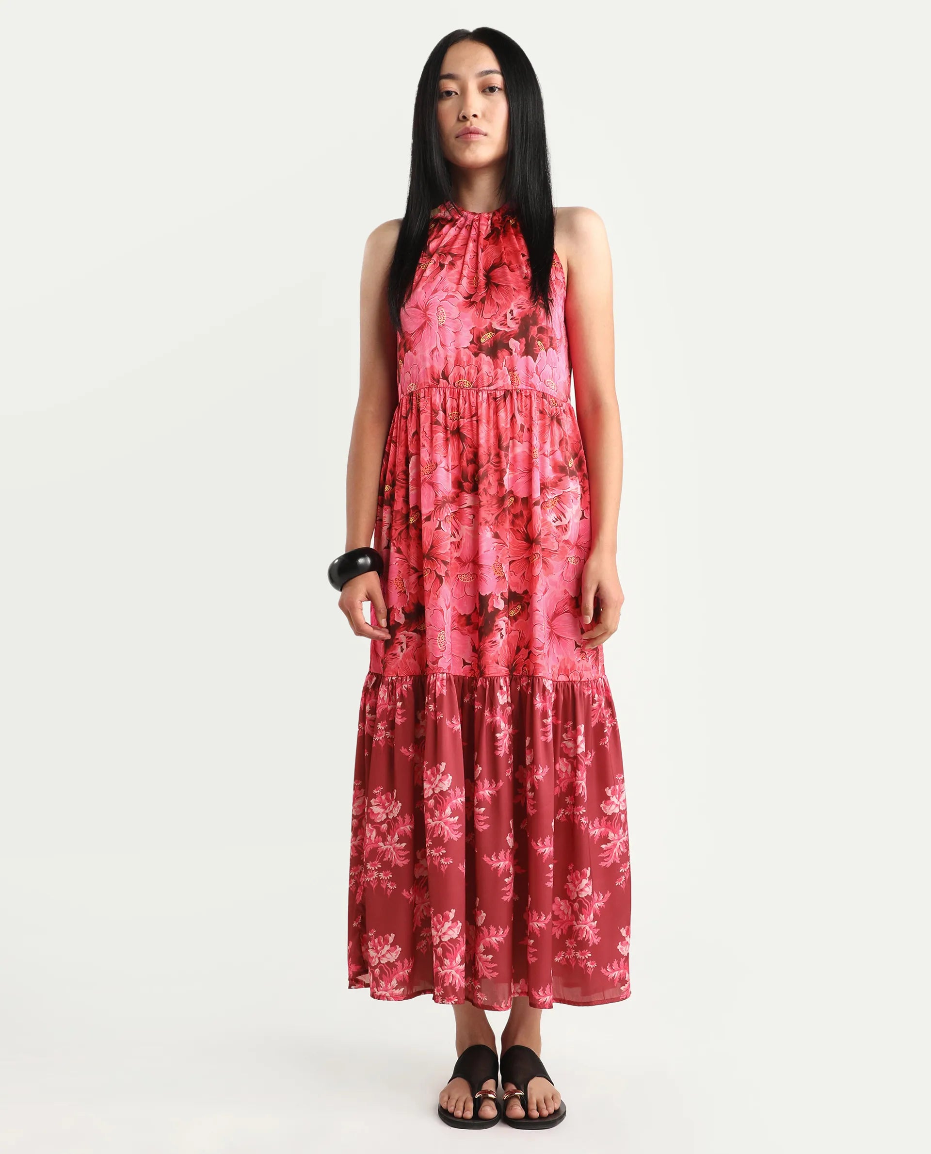 Rareism Women's Amilio Maroon Polyester Halter Neck Floral Print Sleeveless Maxi Regular Fit Dress