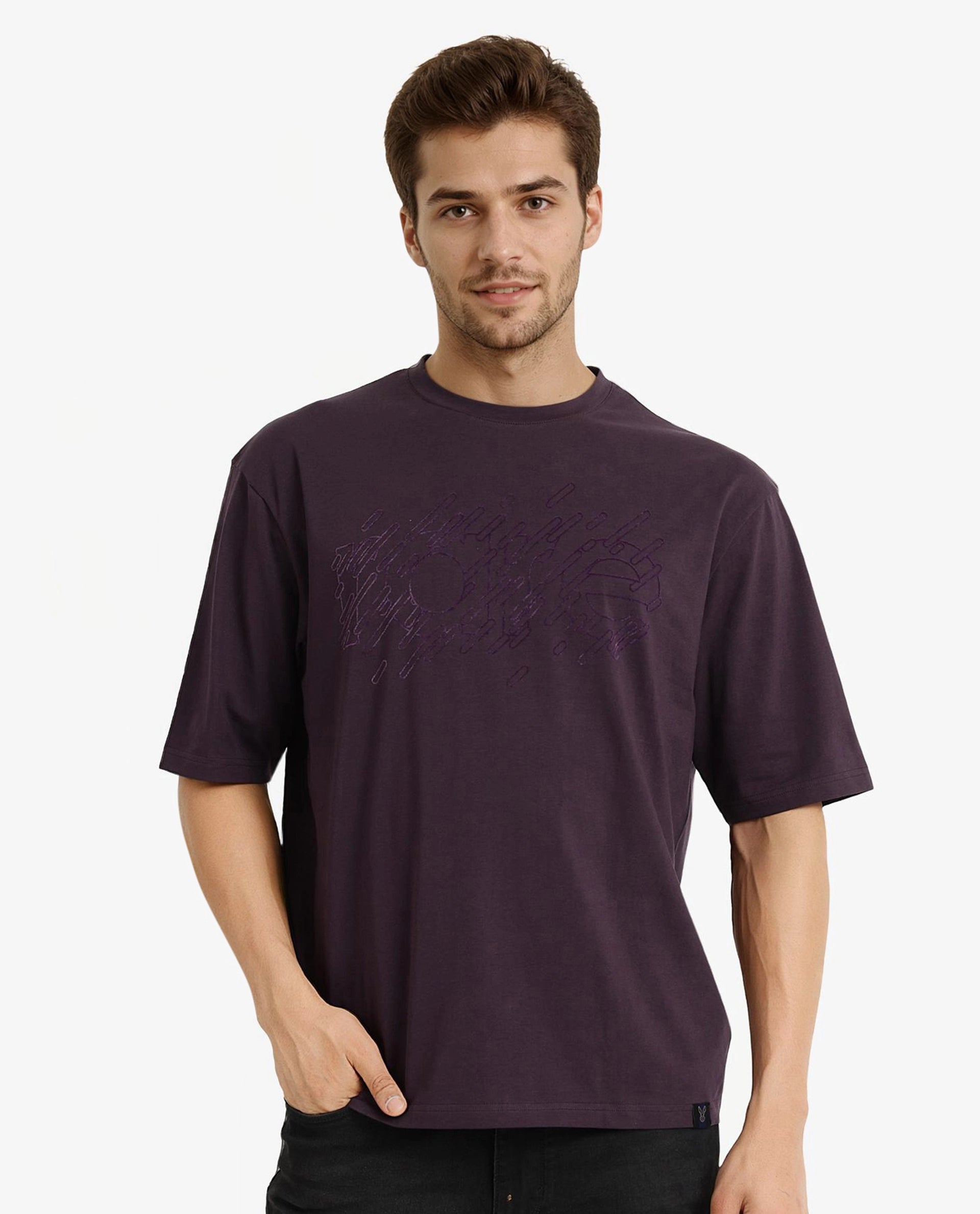 Rare Rabbit Men Ammon Dark Purple Cotton Lycra Fabric Short Sleeve Crew Neck Oversized Fit Graphic Print T-Shirt