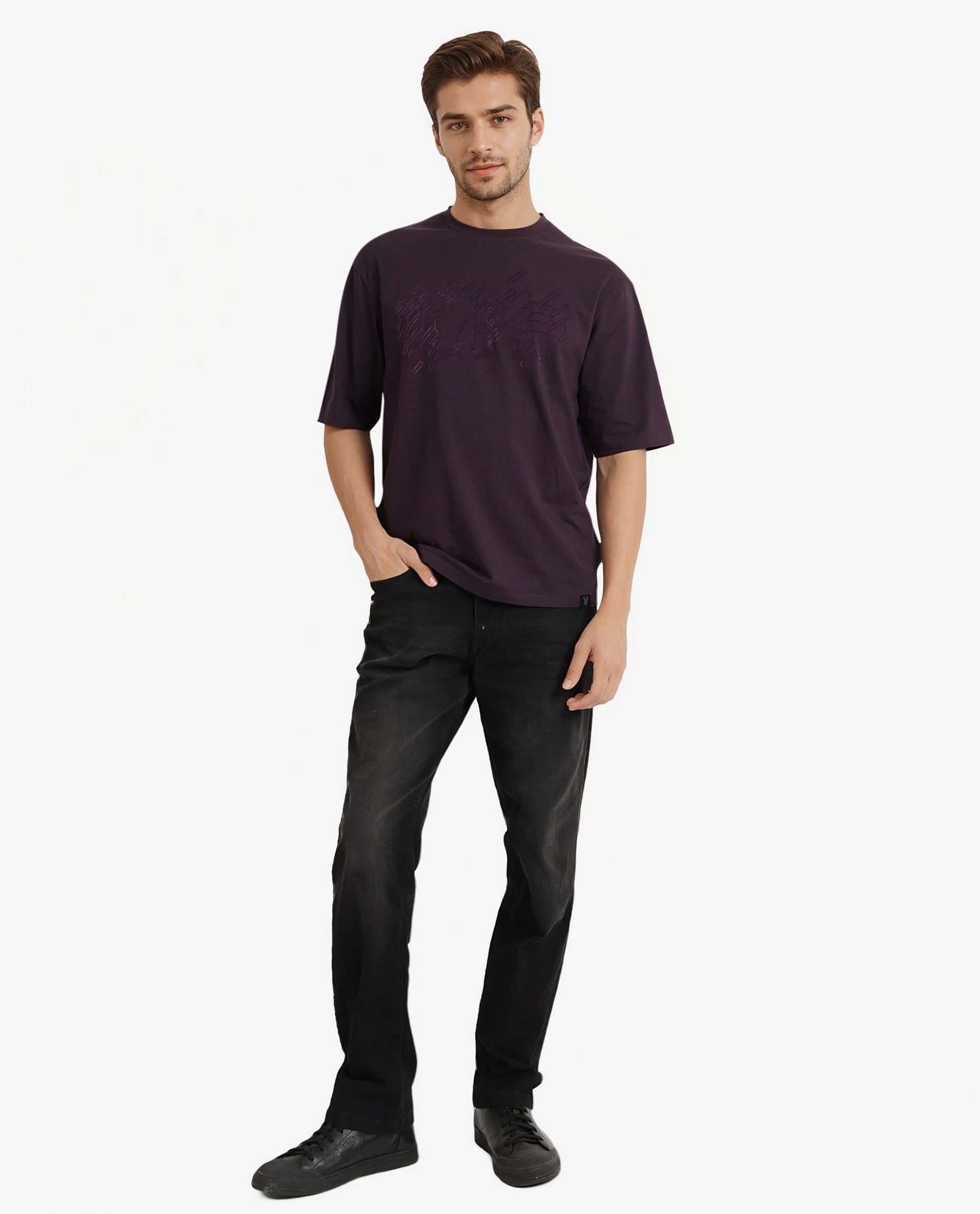 Rare Rabbit Men Ammon Dark Purple Cotton Lycra Fabric Short Sleeve Crew Neck Oversized Fit Graphic Print T-Shirt