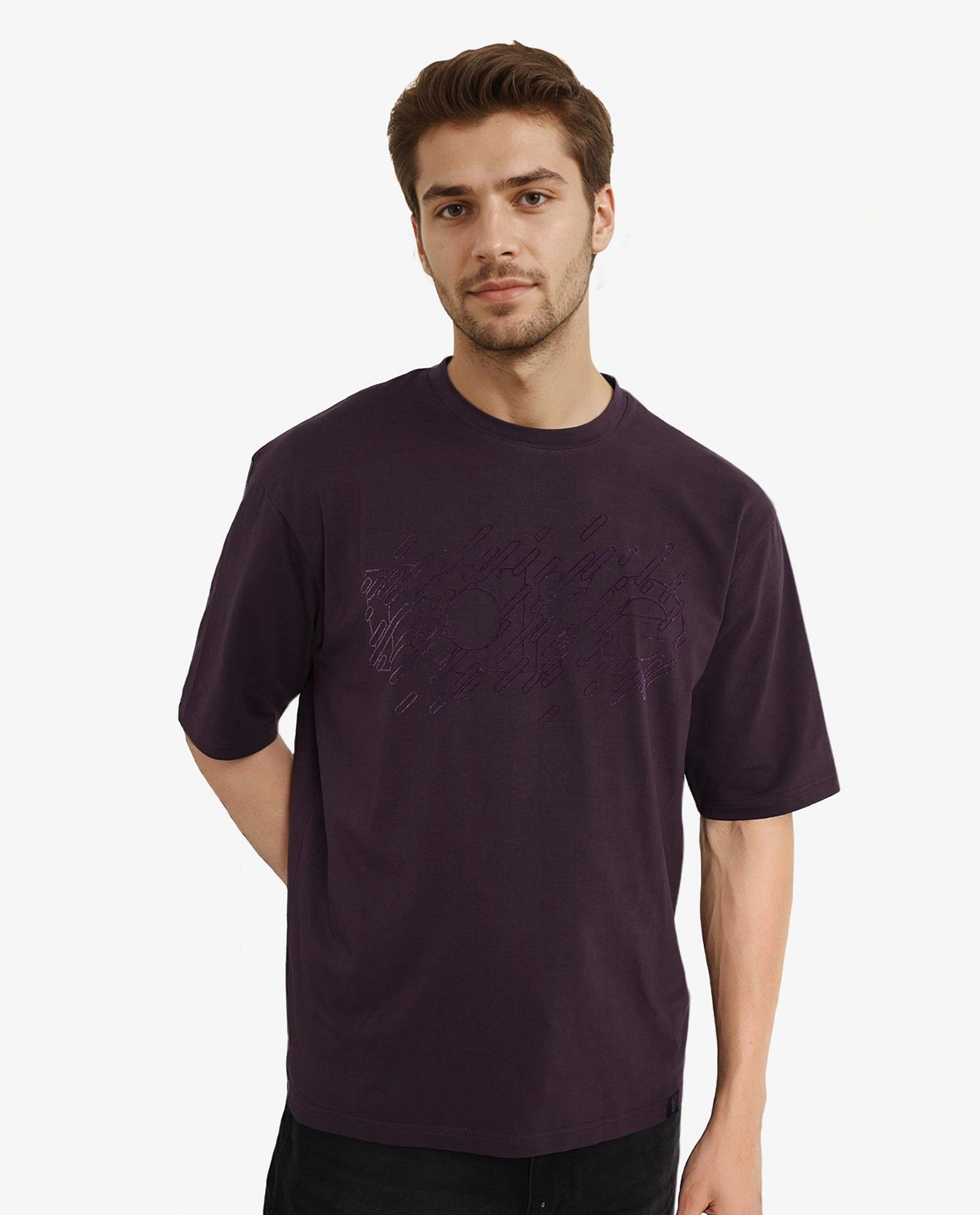 Rare Rabbit Men Ammon Dark Purple Cotton Lycra Fabric Short Sleeve Crew Neck Oversized Fit Graphic Print T-Shirt