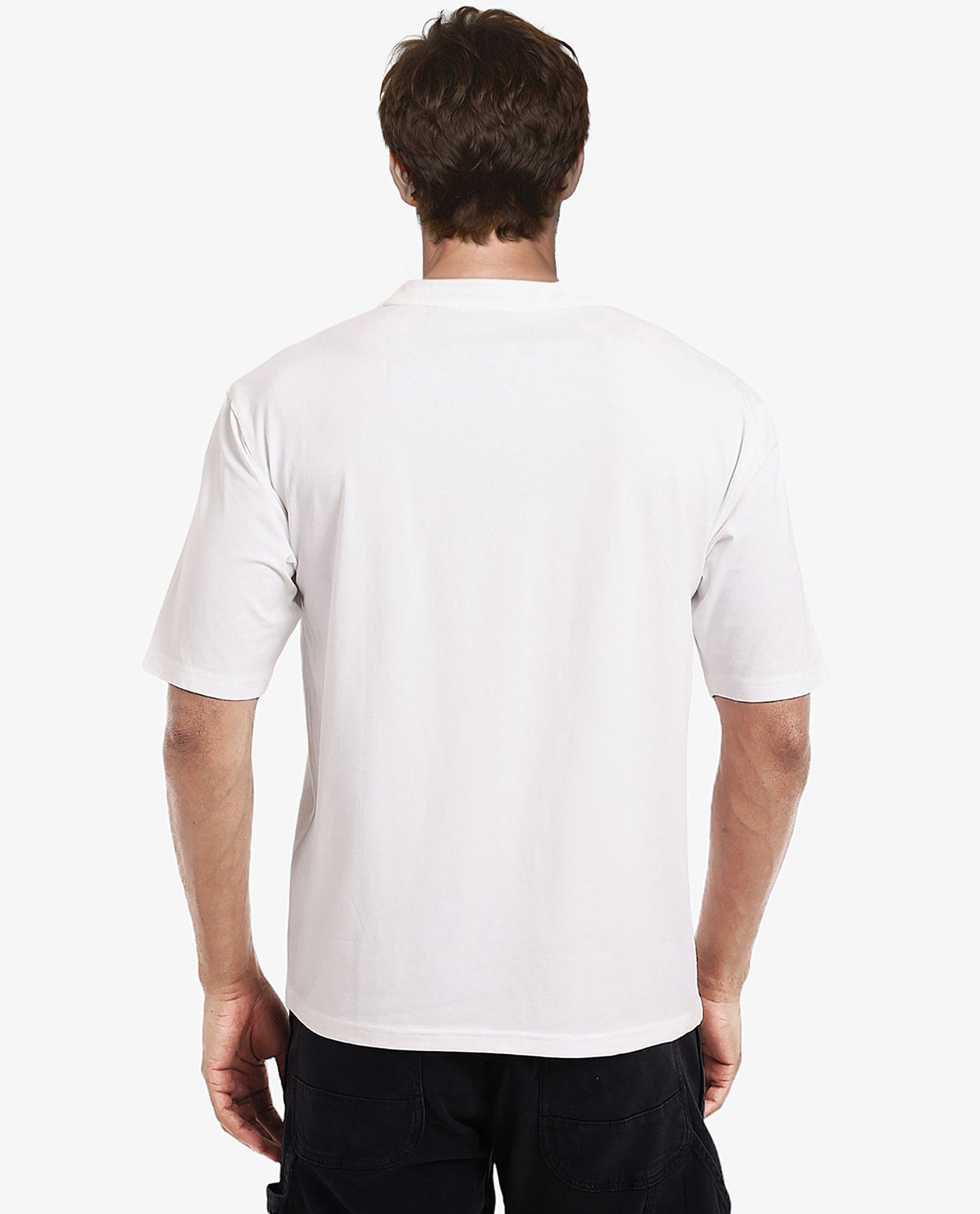 Rare Rabbit Men Ammon Dark White Cotton Lycra Fabric Short Sleeve Crew Neck Oversized Fit Graphic Print T-Shirt