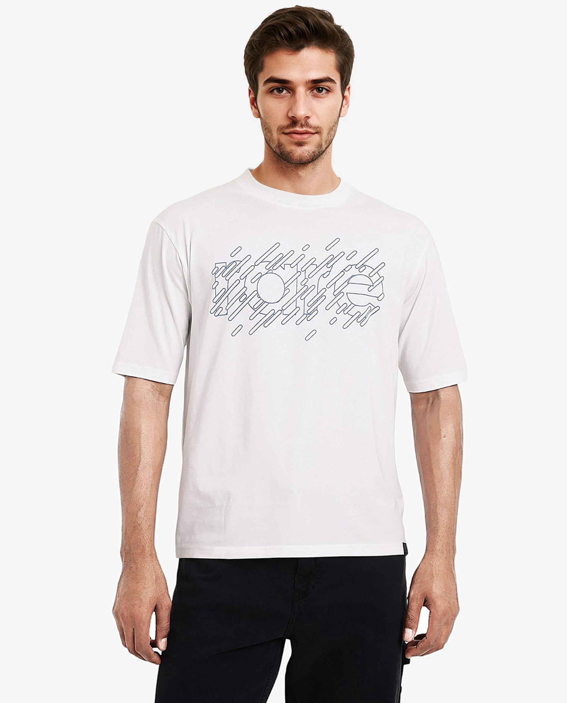 Rare Rabbit Men Ammon Dark White Cotton Lycra Fabric Short Sleeve Crew Neck Oversized Fit Graphic Print T-Shirt