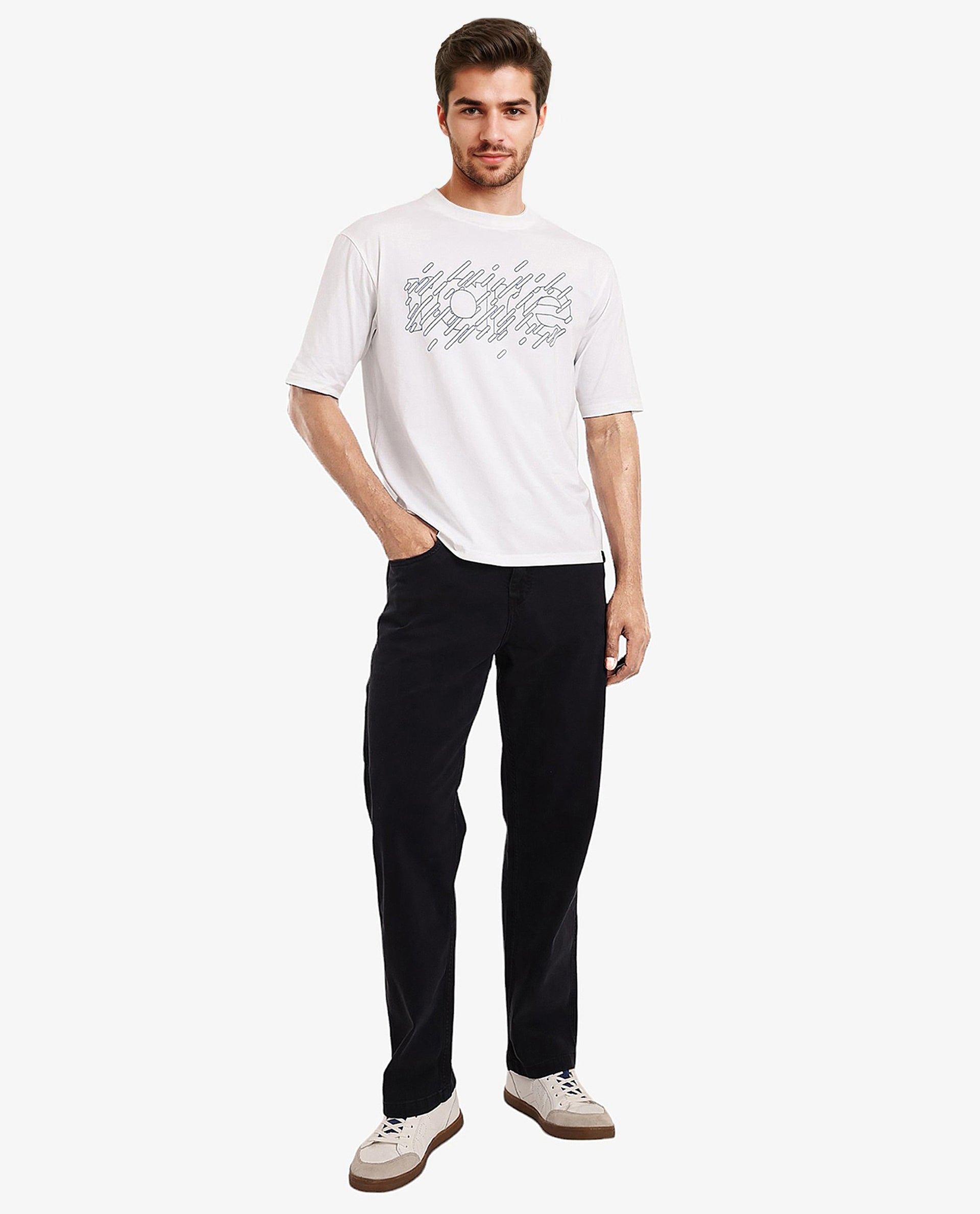 Rare Rabbit Men Ammon Dark White Cotton Lycra Fabric Short Sleeve Crew Neck Oversized Fit Graphic Print T-Shirt