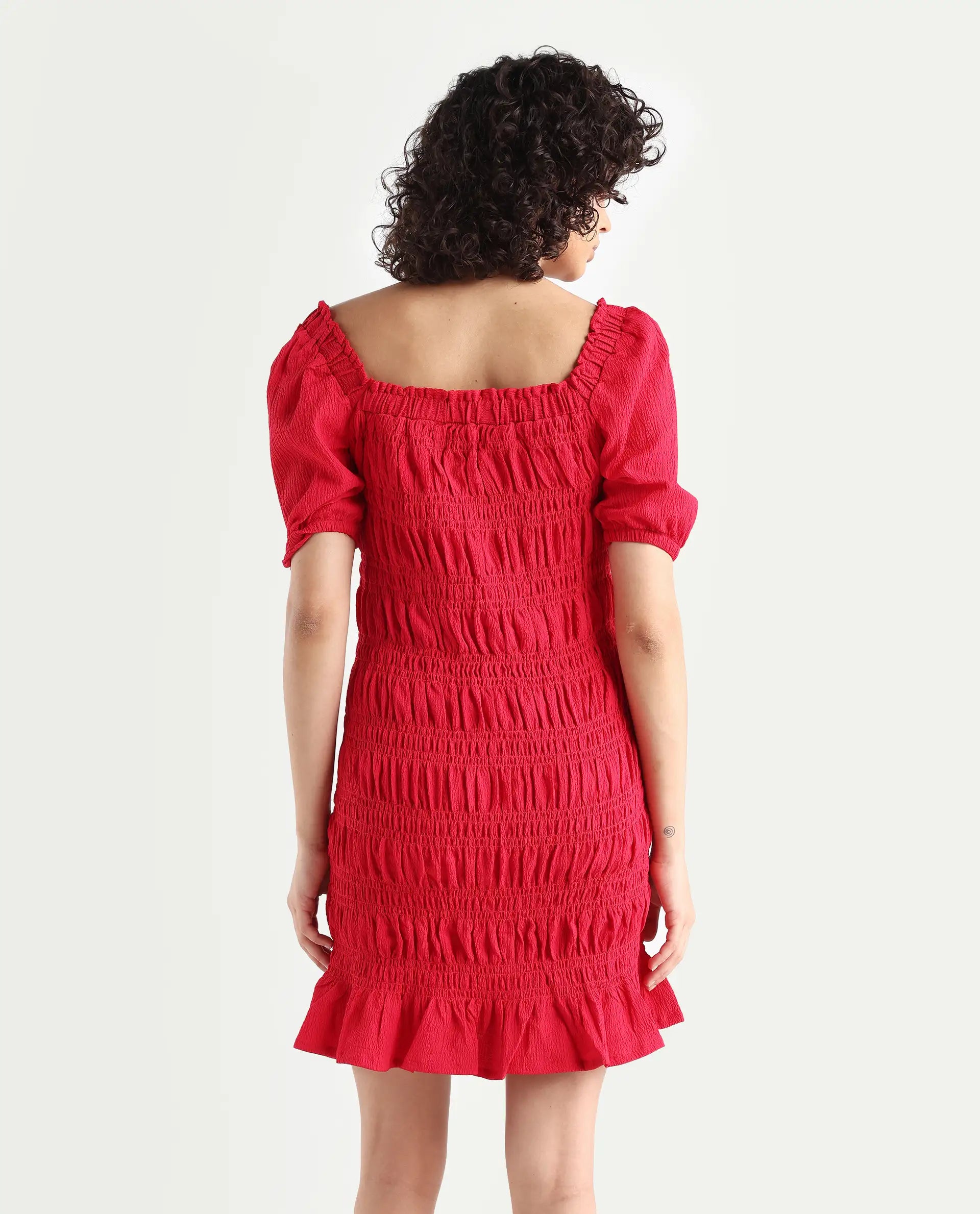 Rareism Women's Ammo Red Viscose Square Neck Plain Puff Sleeves Knee Length Regular Fit Dress