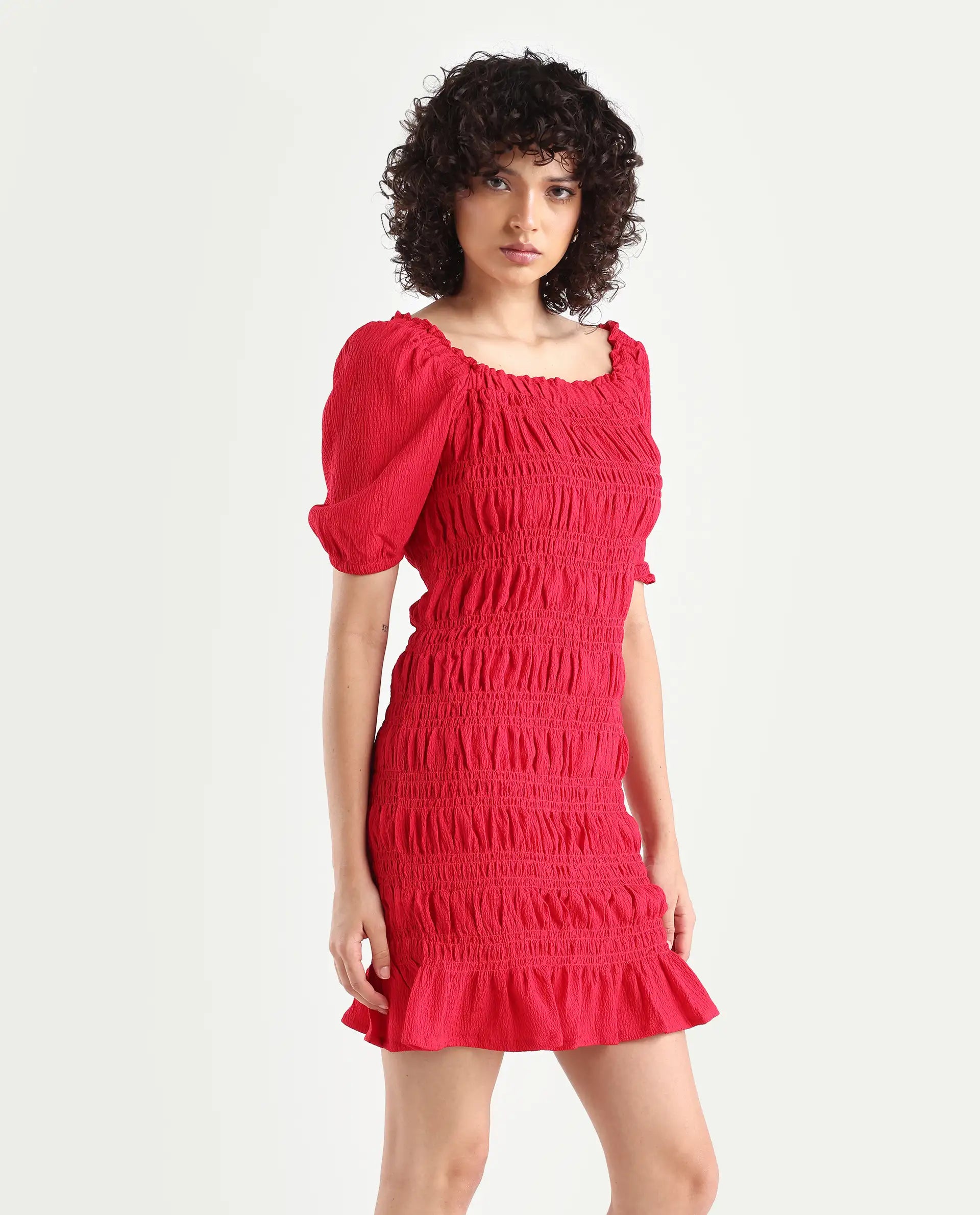 Rareism Women's Ammo Red Viscose Square Neck Plain Puff Sleeves Knee Length Regular Fit Dress