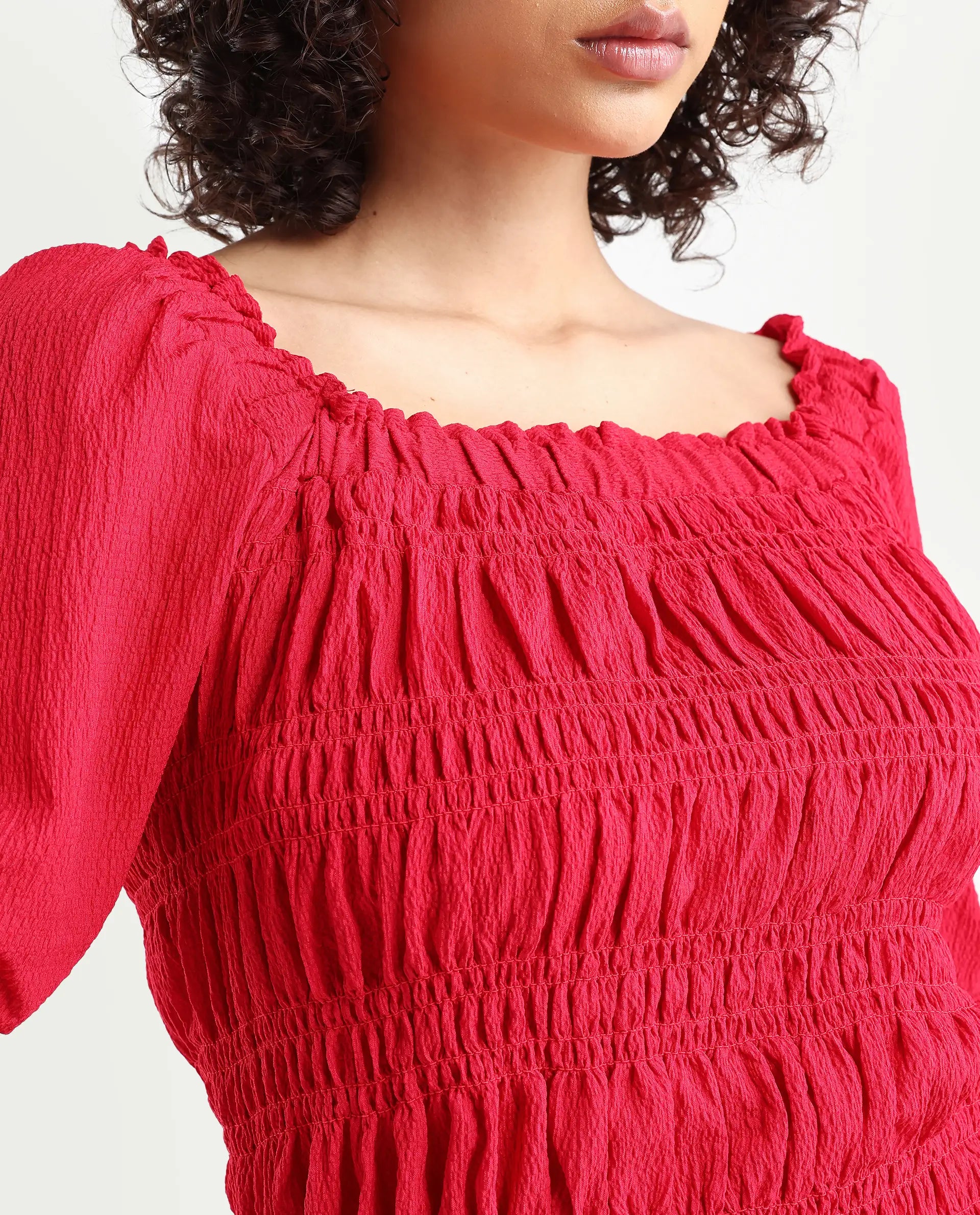 Rareism Women's Ammo Red Viscose Square Neck Plain Puff Sleeves Knee Length Regular Fit Dress