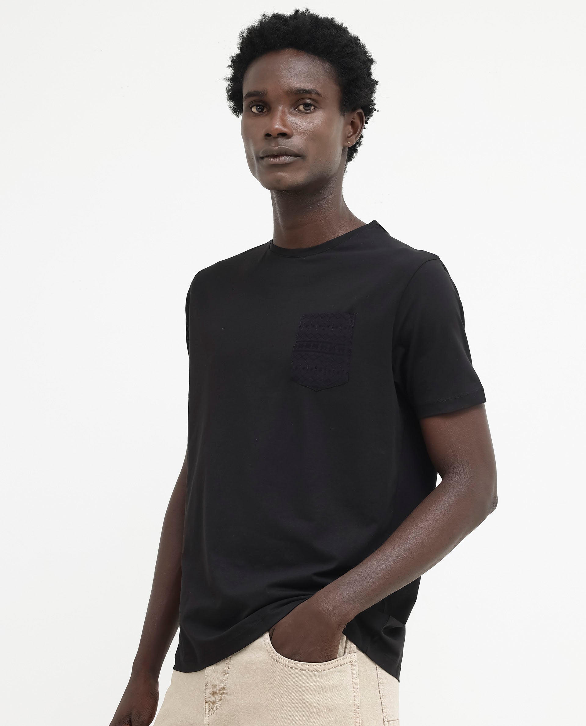 Rare Rabbit Men's Ammos Black Cotton Lycra Fabric Half Sleeves Embroidered Chest Pocket Solid T-Shirt