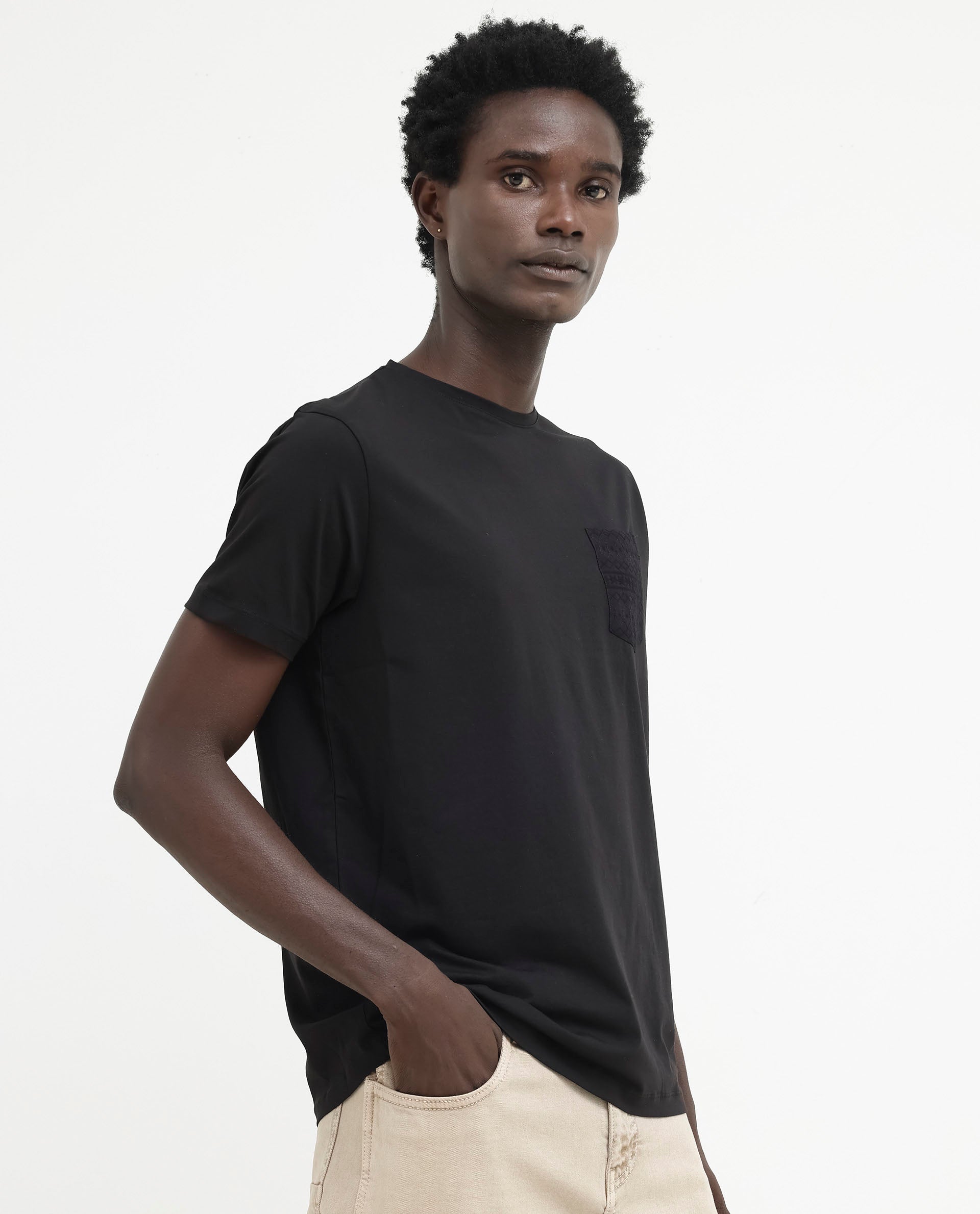 Rare Rabbit Men's Ammos Black Cotton Lycra Fabric Half Sleeves Embroidered Chest Pocket Solid T-Shirt