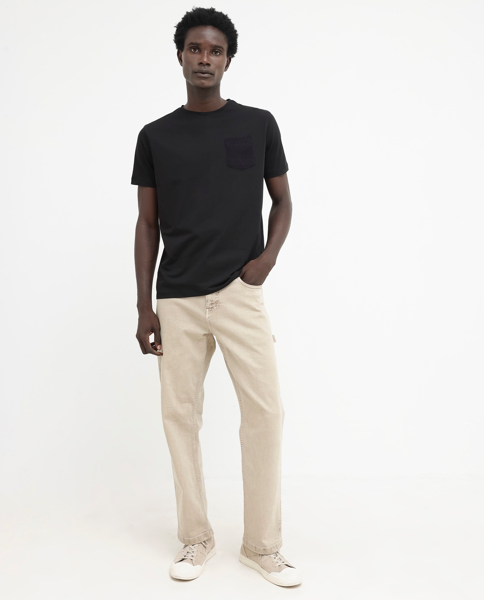 Rare Rabbit Men's Ammos Black Cotton Lycra Fabric Half Sleeves Embroidered Chest Pocket Solid T-Shirt