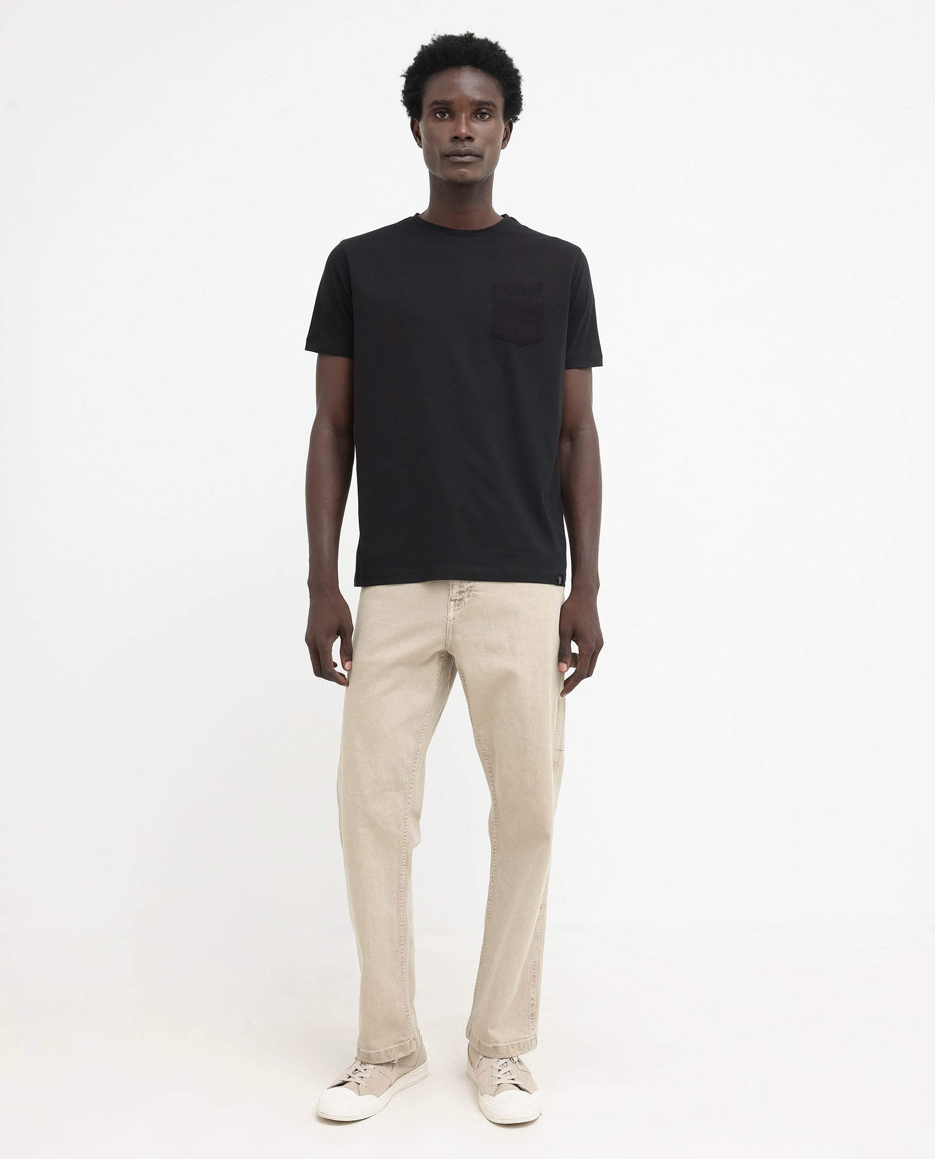 Rare Rabbit Men's Ammos Black Cotton Lycra Fabric Half Sleeves Embroidered Chest Pocket Solid T-Shirt